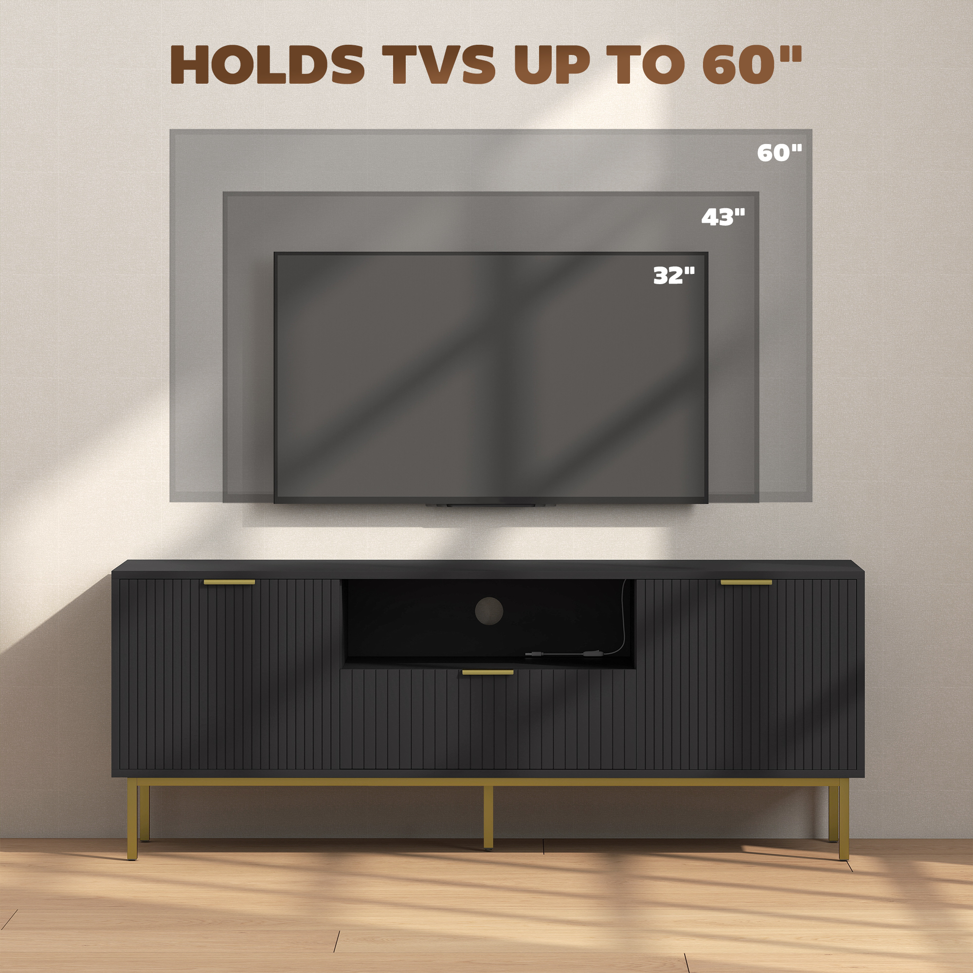 Modern TV Console for TVs up to 60 Inch, Entertainment Center with Smart RGB LED Lights and Soft Close Doors, Black - Image 5