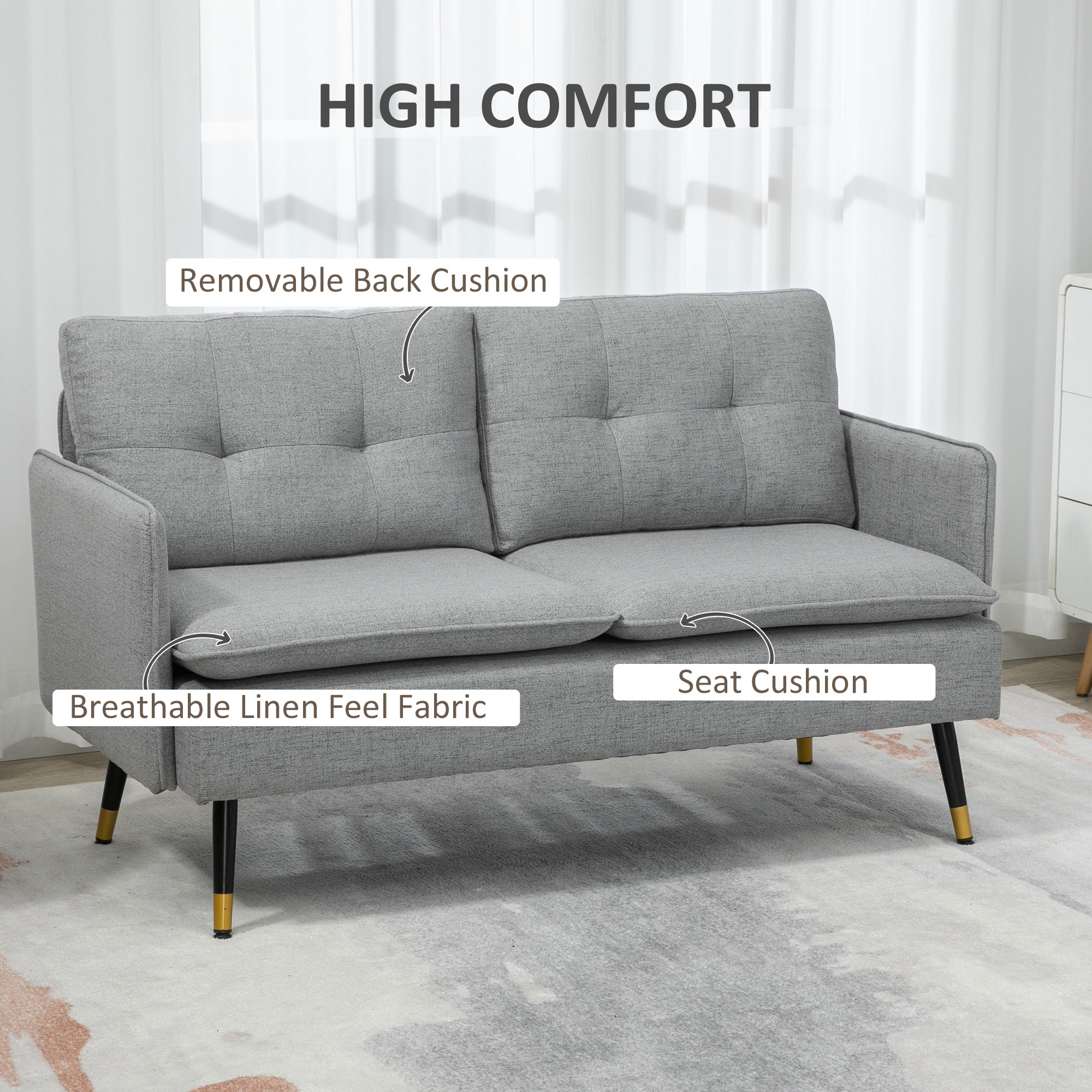 55" Loveseat Sofa, Linen Love Seat w/ S spring, Steel Legs and Button Tufting, Small Couch for Living Room, Grey - Image 2