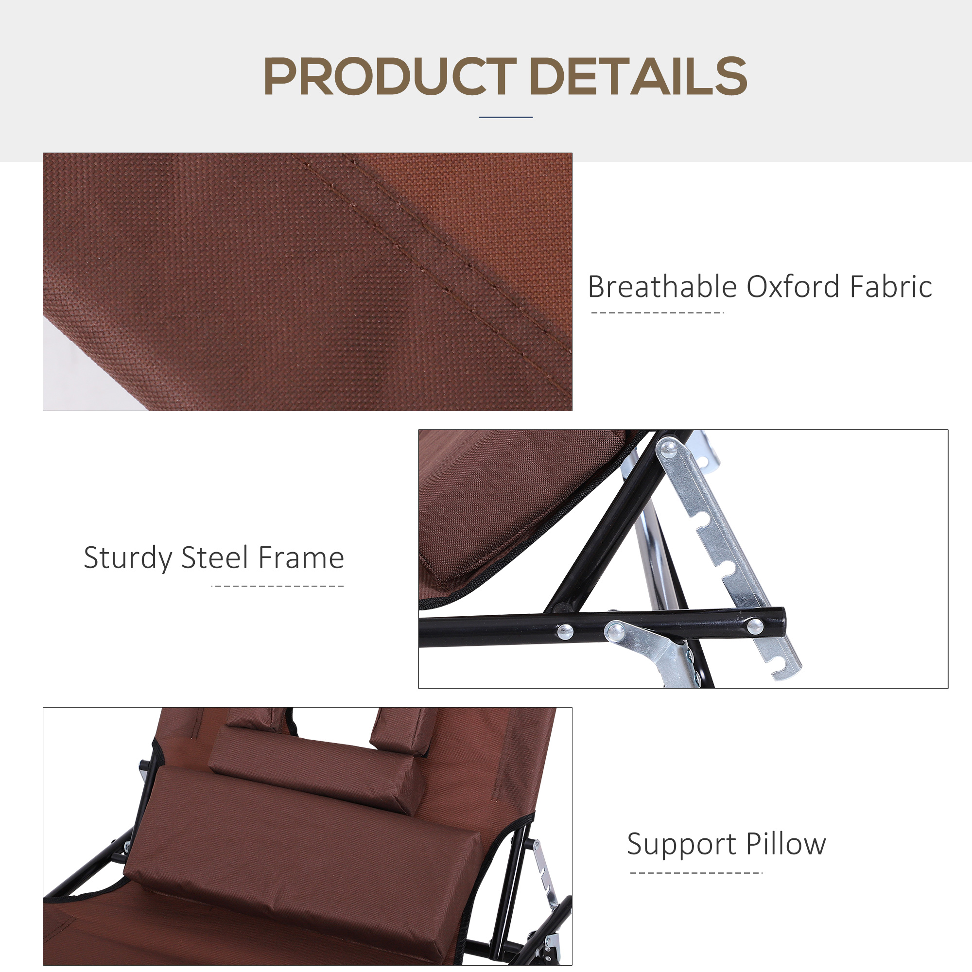 Folding Chaise Lounge Chair, Reclining Beach Tanning Chair with Face Hole, Pillow, 4-Position Adjustable Lay Flat Sun Lounger, Steel Frame for Outdoor Patio Pool, Brown - Image 4