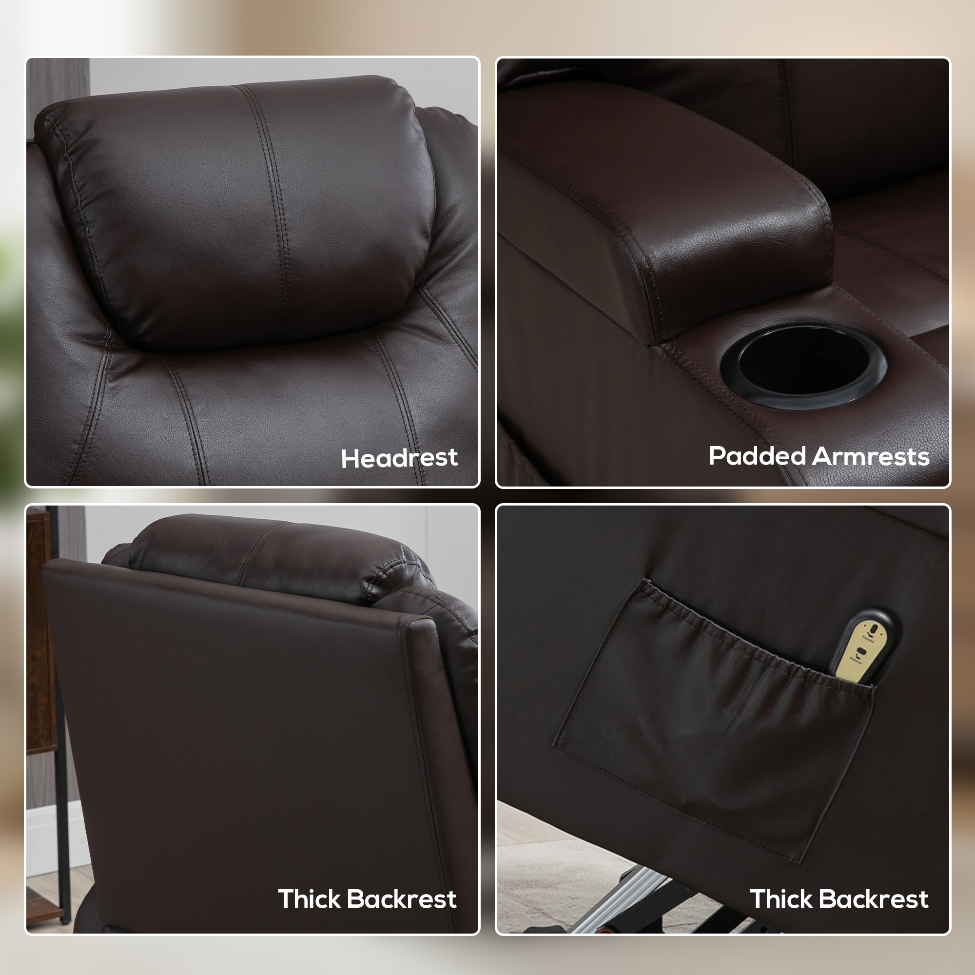Power Lift Recliner Chair for Elderly, PU Leather Lift Chair with Thick and High Back, Footrest, Remote, Side Pockets, Cup Holders, Reclining Sofa for Living Room, Brown - Image 4