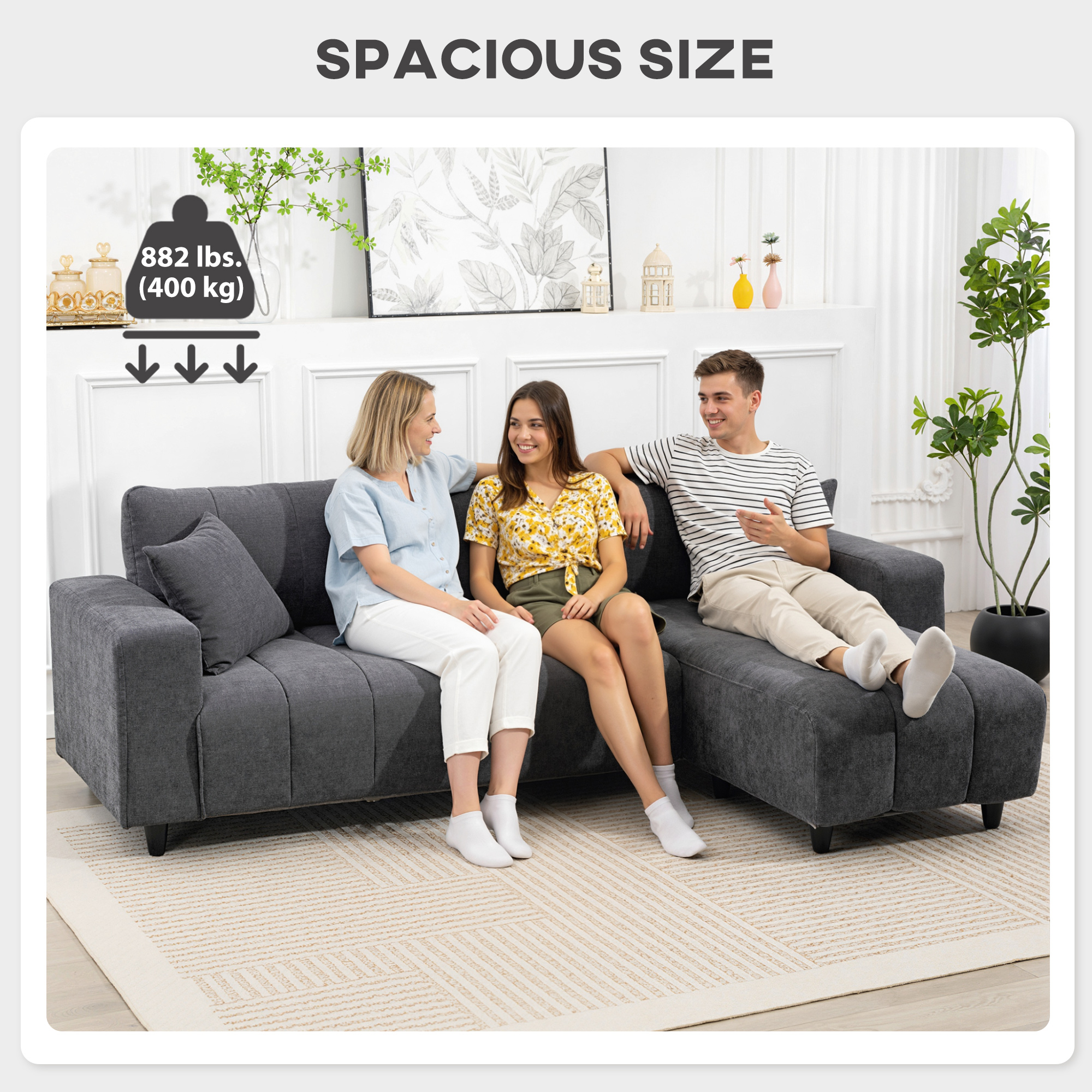 Sectional Couch with Integrated Seat, 3 Seater L-Shaped Sofa with Changeable Chaise, Spring Cushion, 2 Pillows, Grey - Image 5