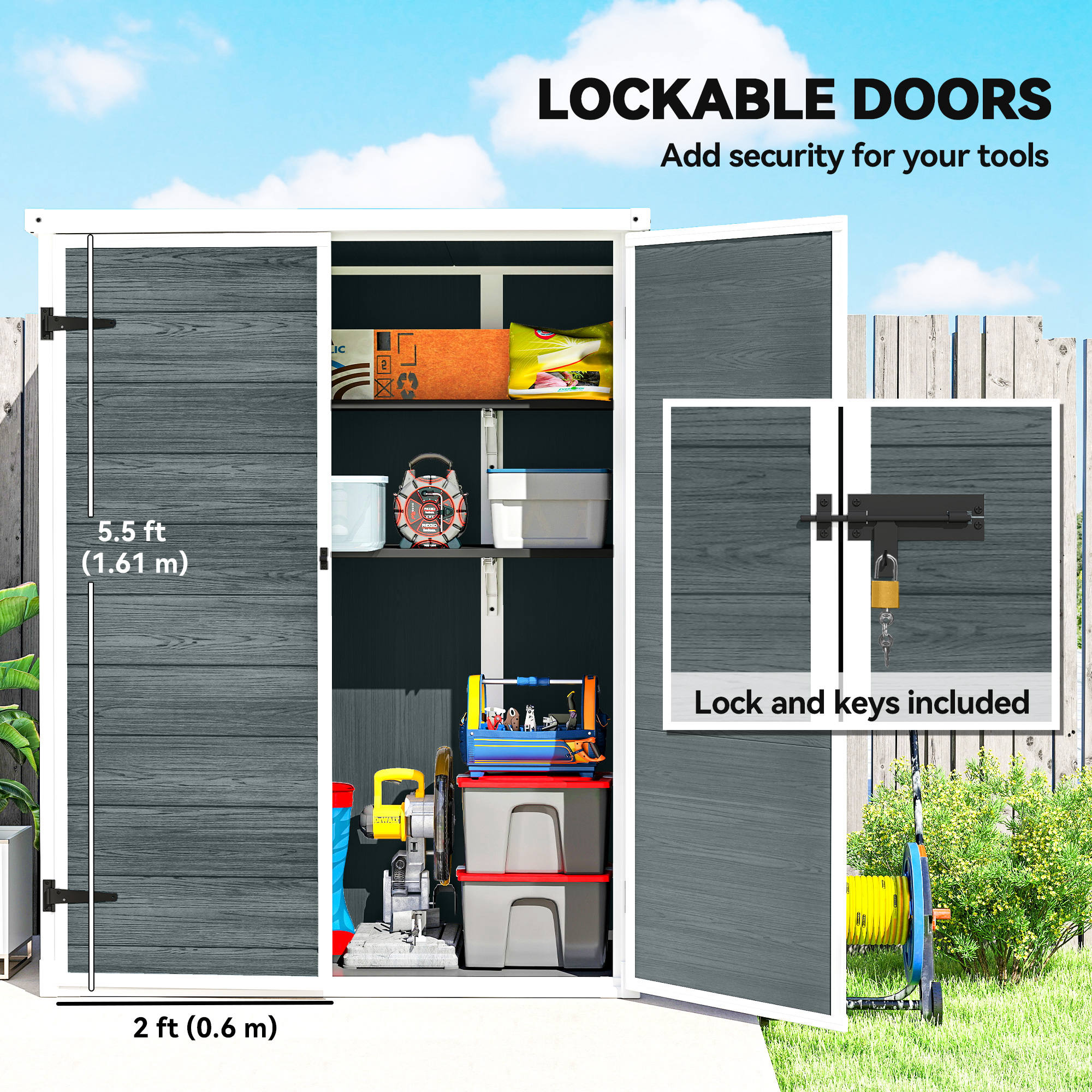 Outdoor 4.4' x 2.3' Plastic Storage Shed with Lockable Doors and Foldable Shelves, Wood-Effect Garden Shed, Grey - Image 4