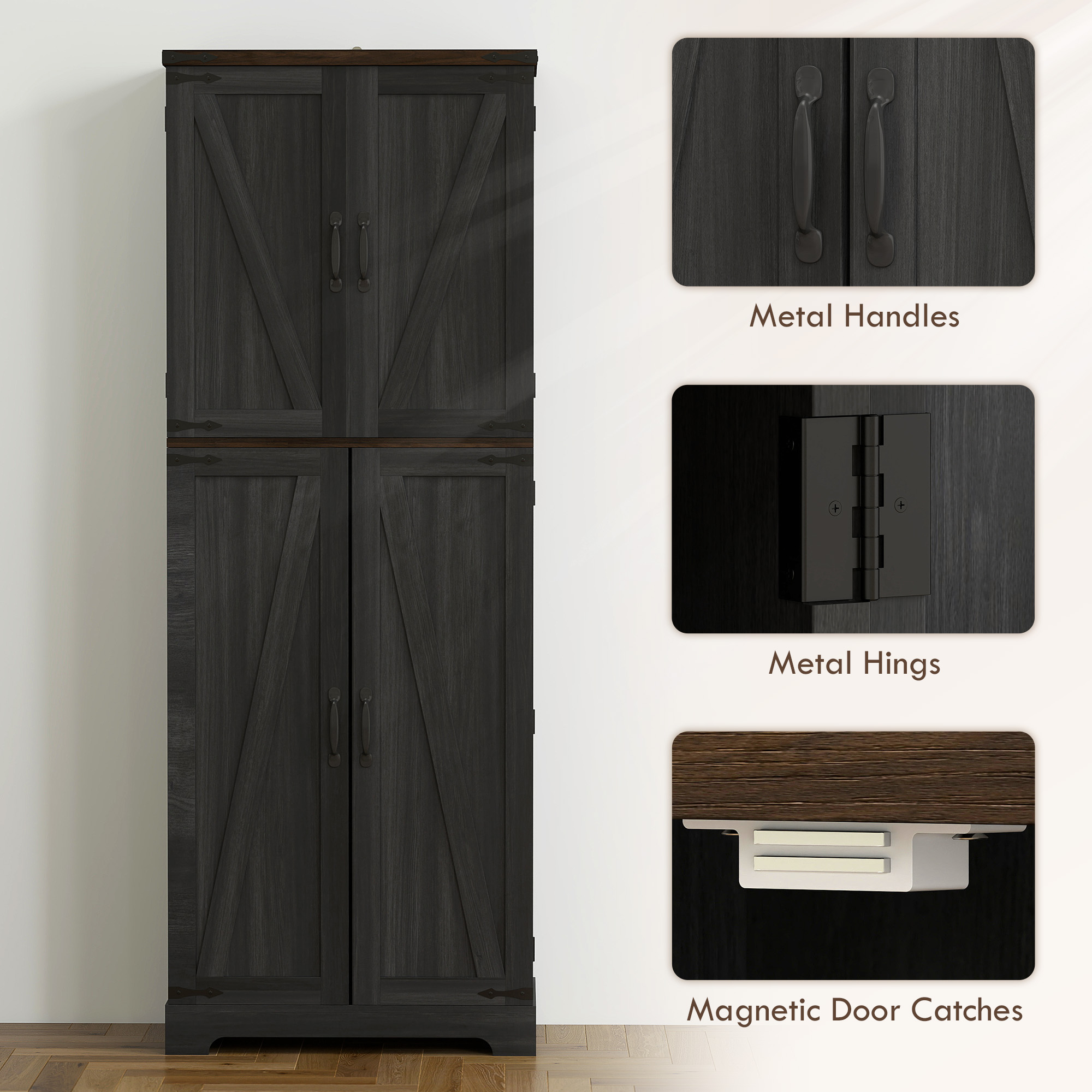 64" Tall Kitchen Pantry Cabinet with Spice Racks and Adjustable Shelves, Black Wood Grain - Image 5