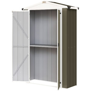 Outdoor Storage Shed Apex Roof Metal Garden Shed with Shelf for Backyard, Light Grey