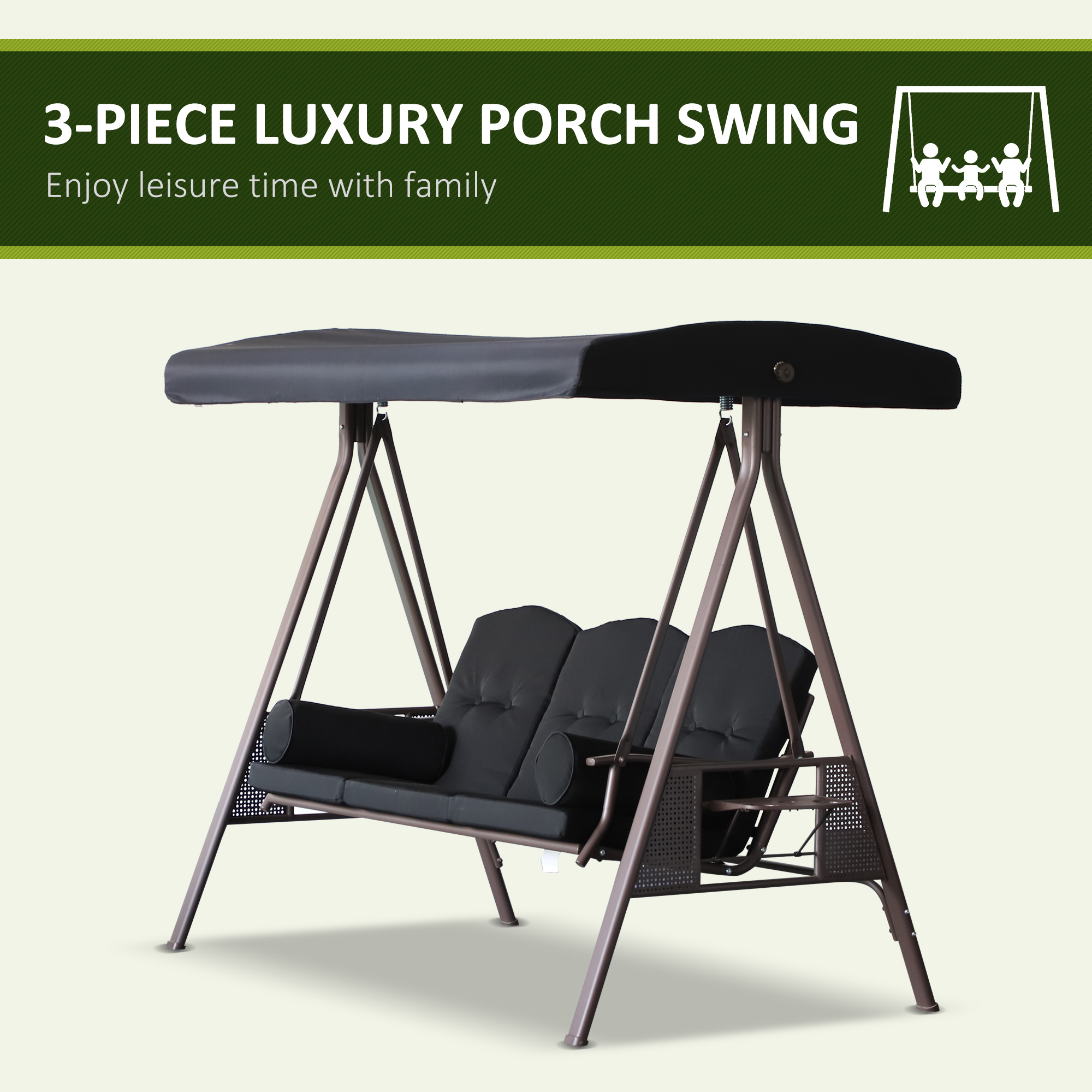Outdoor Patio 3-Person Steel Canopy Cushioned Seat Bench Swing with Included Side Trays & Padded Comfort, Black - Image 5