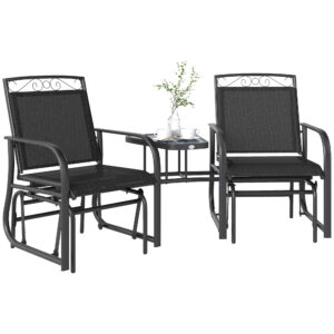Outdoor Glider Bench with Coffee Table, Patio 2-Seat Rocking Chair Swing Loveseat with Breathable Sling for Backyard Garden Porch, Black