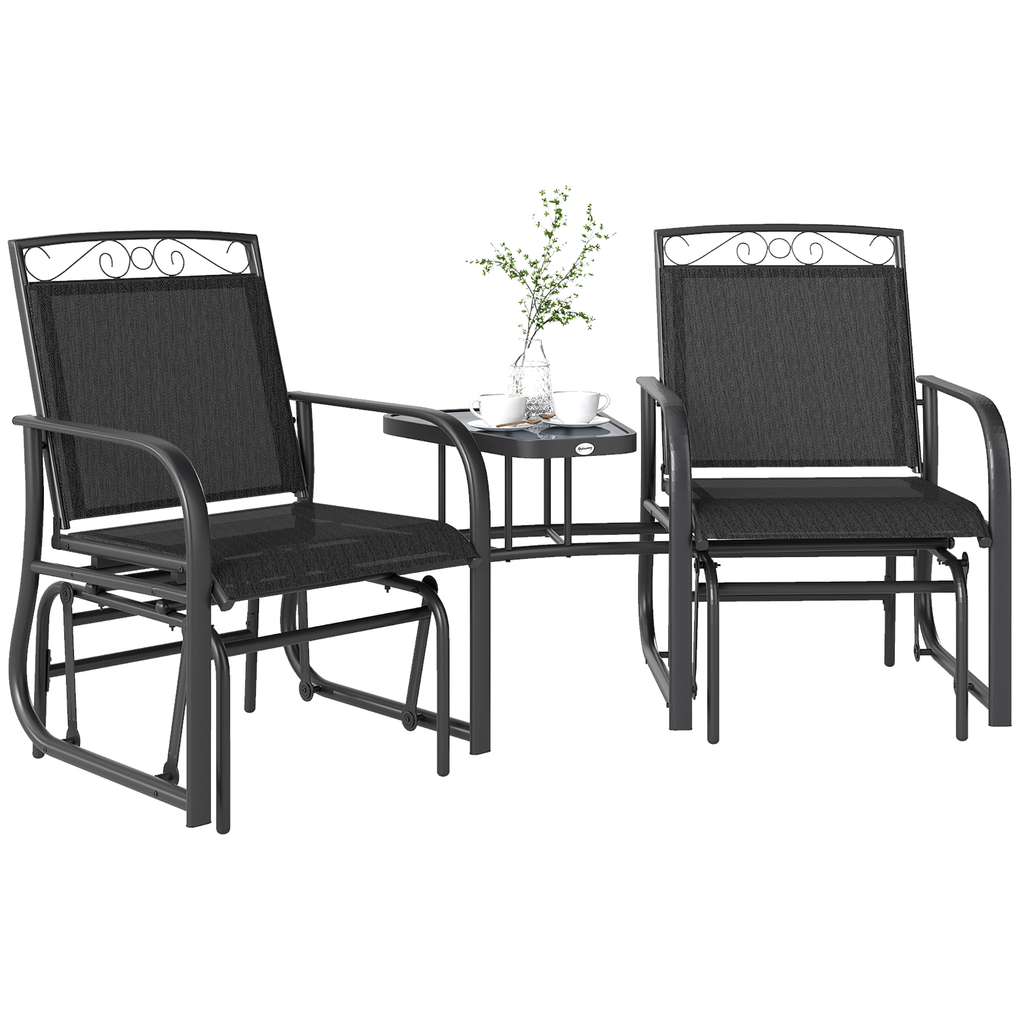 Outdoor Glider Bench with Coffee Table, Patio 2-Seat Rocking Chair Swing Loveseat with Breathable Sling for Backyard Garden Porch, Black