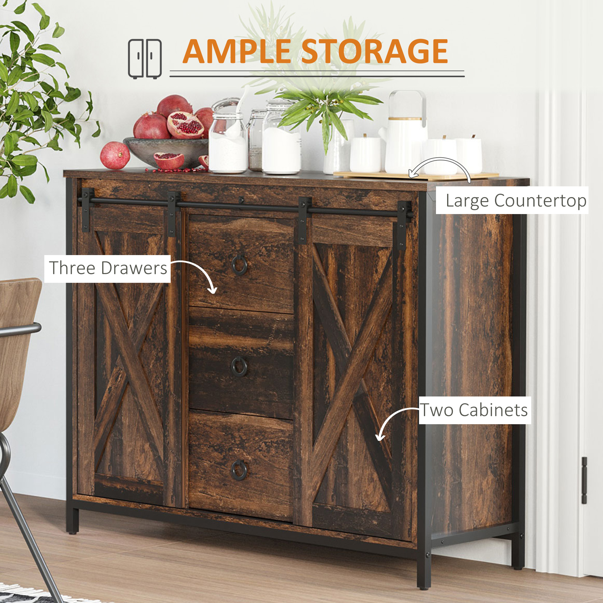 Industrial Buffet Cabinet, Kitchen Sideboard with Sliding Barn Doors, Three Drawers and Adjustable Shelves, Rustic Brown - Image 2