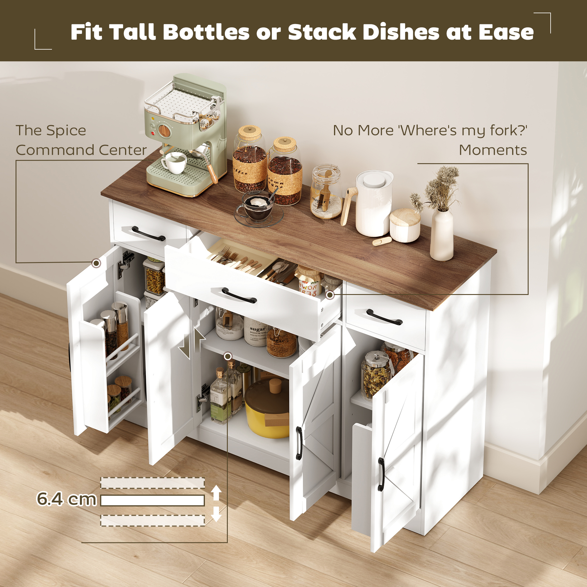 47" Buffet Cabinet with Soft-Close Hinges, Farmhouse Sideboard with 3 Drawers, Adjustable Shelves and Spice Racks, White - Image 2