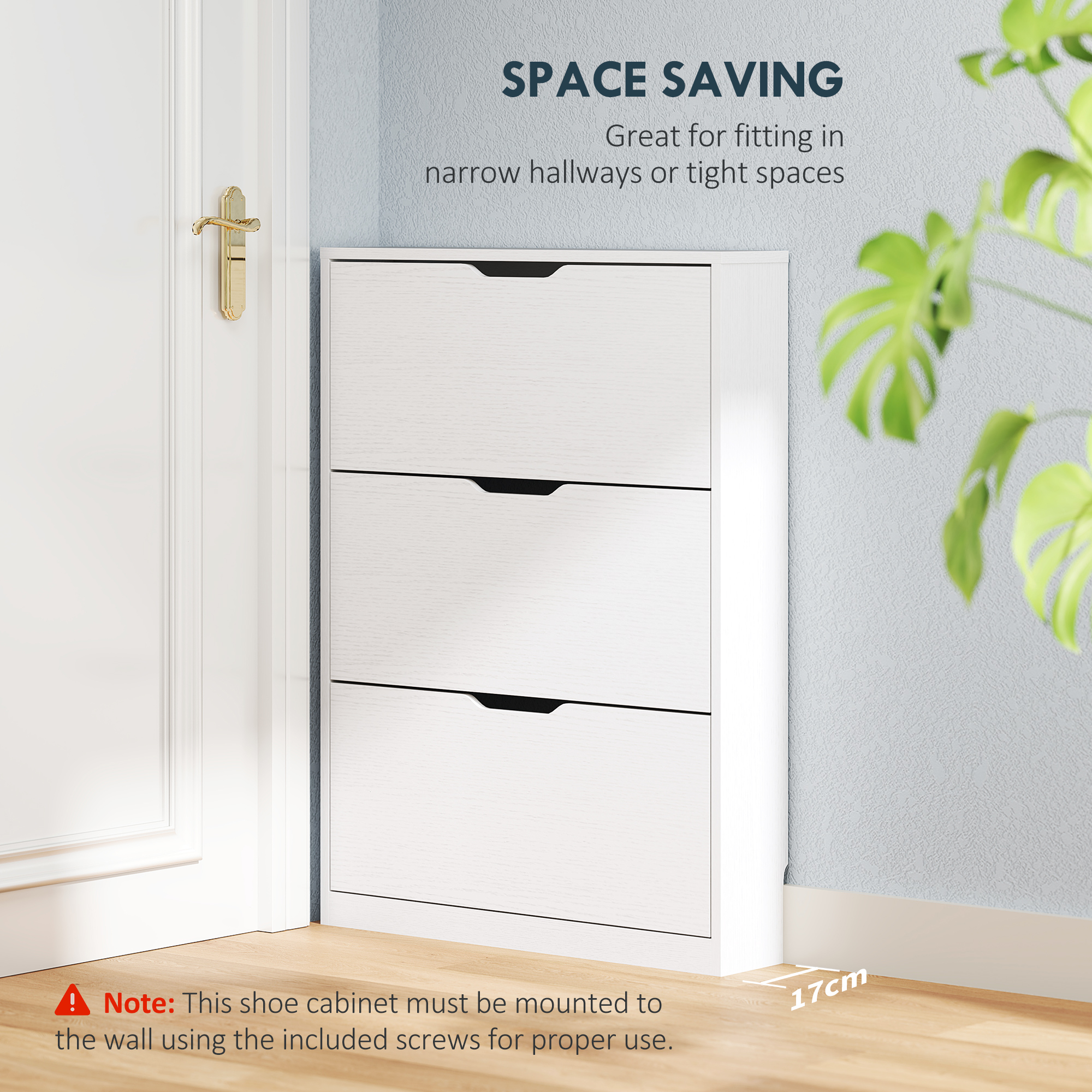 Narrow Shoe Storage Cabinet, Shoe Cabinet with 3 Flip Drawers, 31.5" W x 6.7" D x 42.5" H, White - Image 3