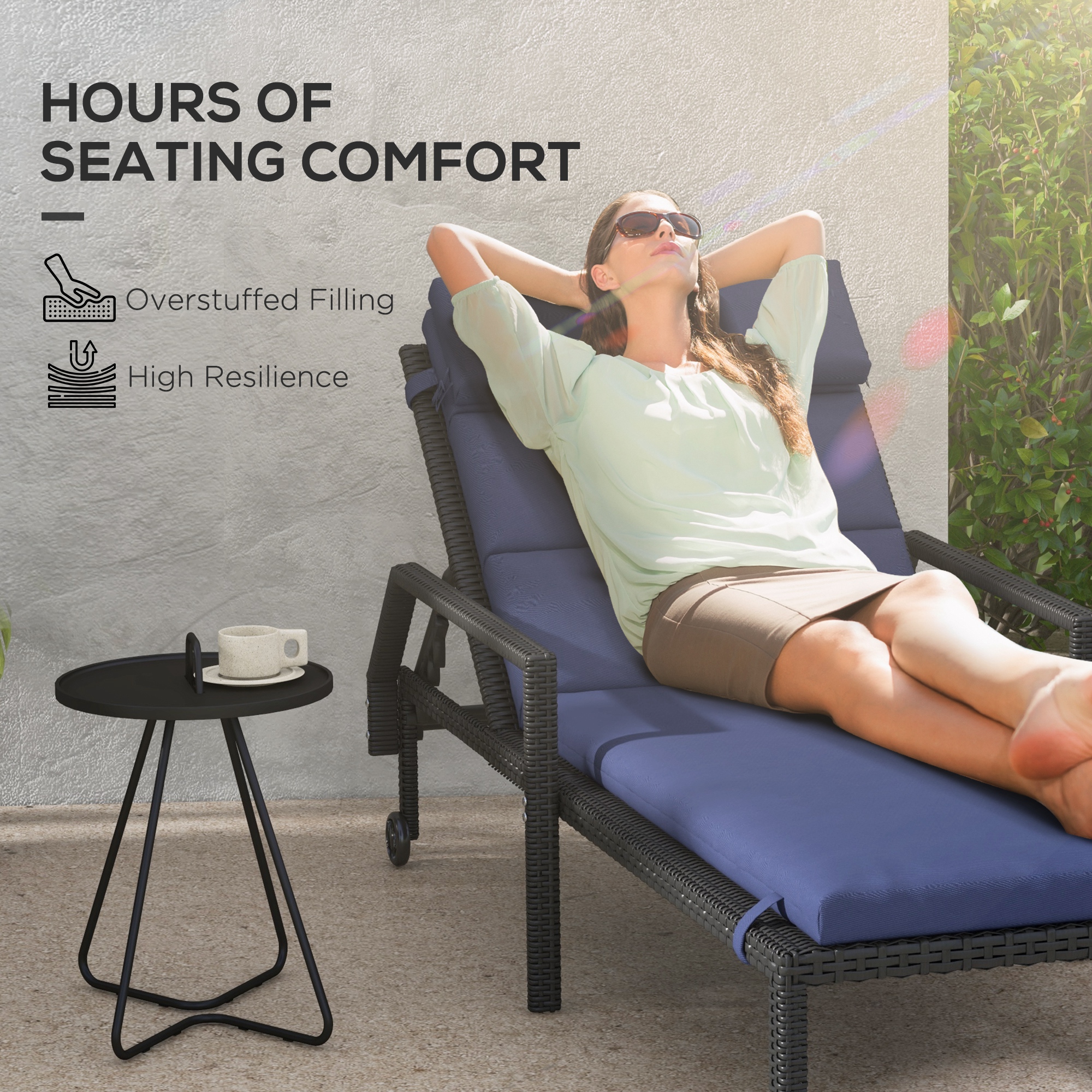 Patio Chaise Lounge Chair Cushions Replacement Sun Lounger Pads with Headrest and Ties, Set of 2, Dark Blue - Image 2