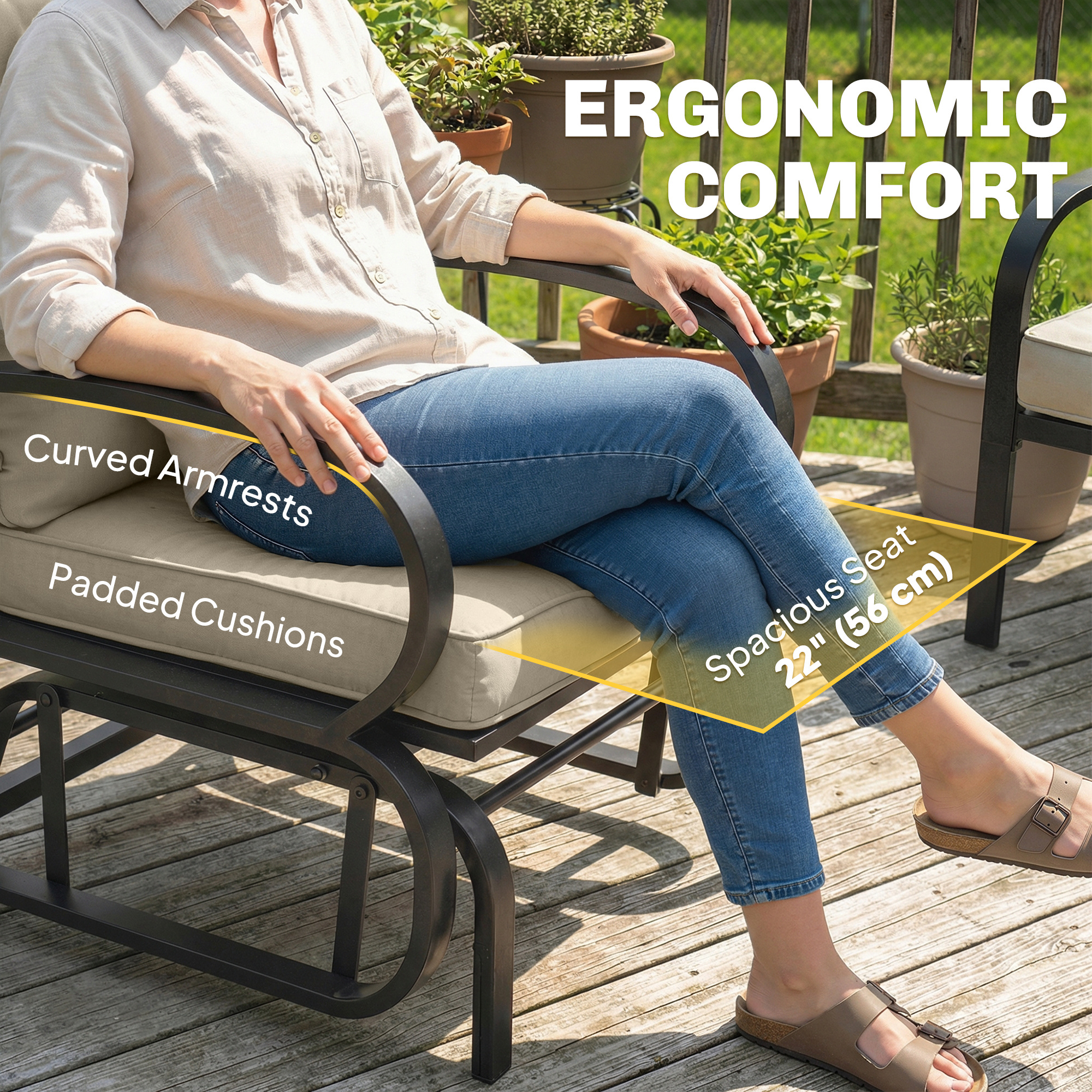 Patio Glider, Outdoor Glider Chair with Cushions, Steel Frame, Curved Armrests, Beige - Image 4