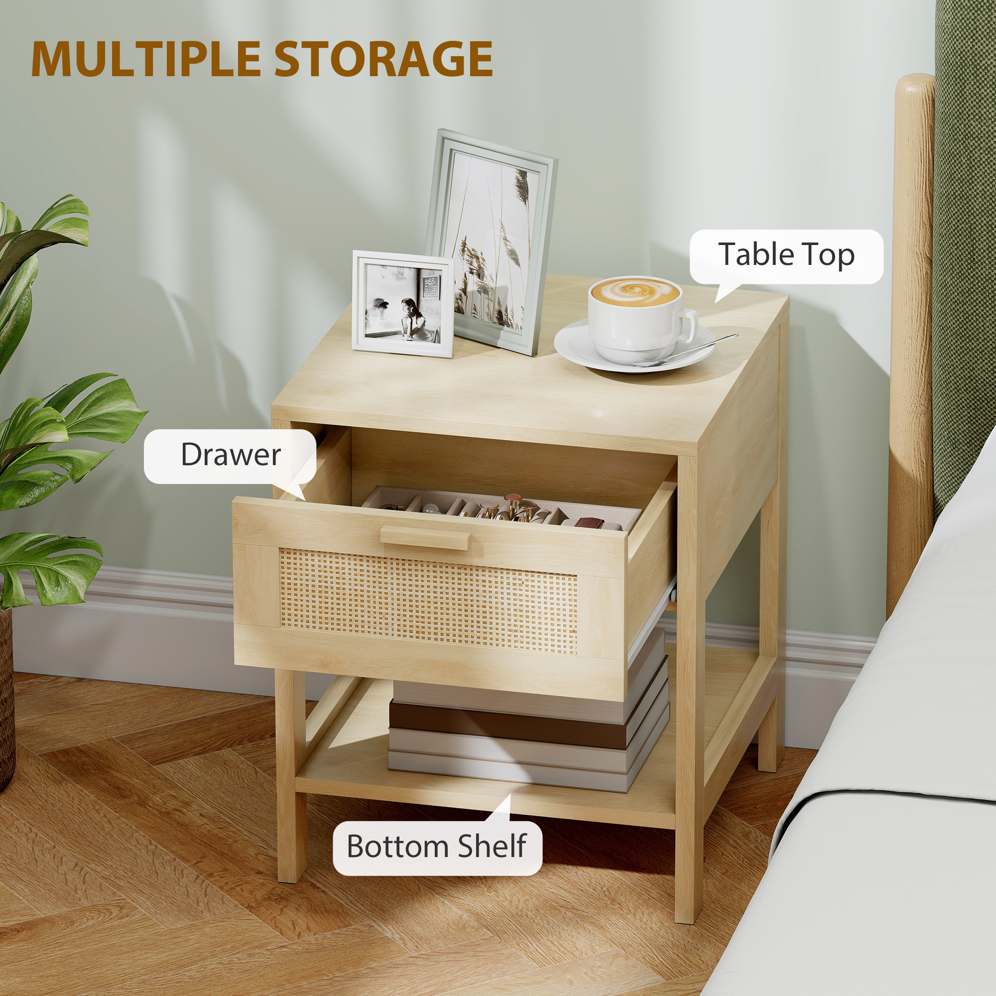 Narrow Nightstand with Rattan Elements, Bedside Table with Drawer and Storage Shelf for Bedroom, Set of 2, Natural Wood - Image 3