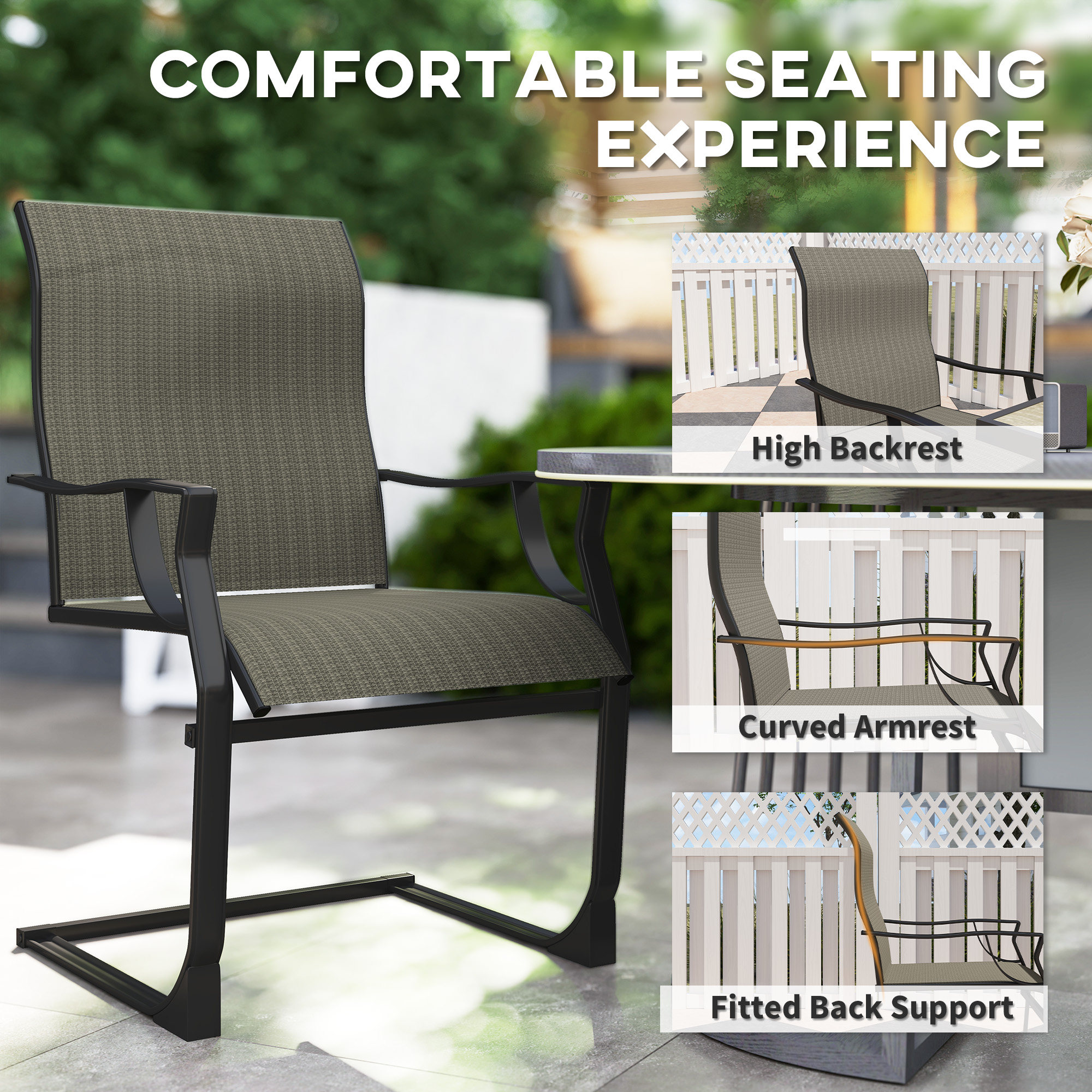 C Spring Motion Patio Chairs Set of 2 with Curved High Backrest, Armrest, All Weather Breathable Fabric, Metal Frame - Image 3