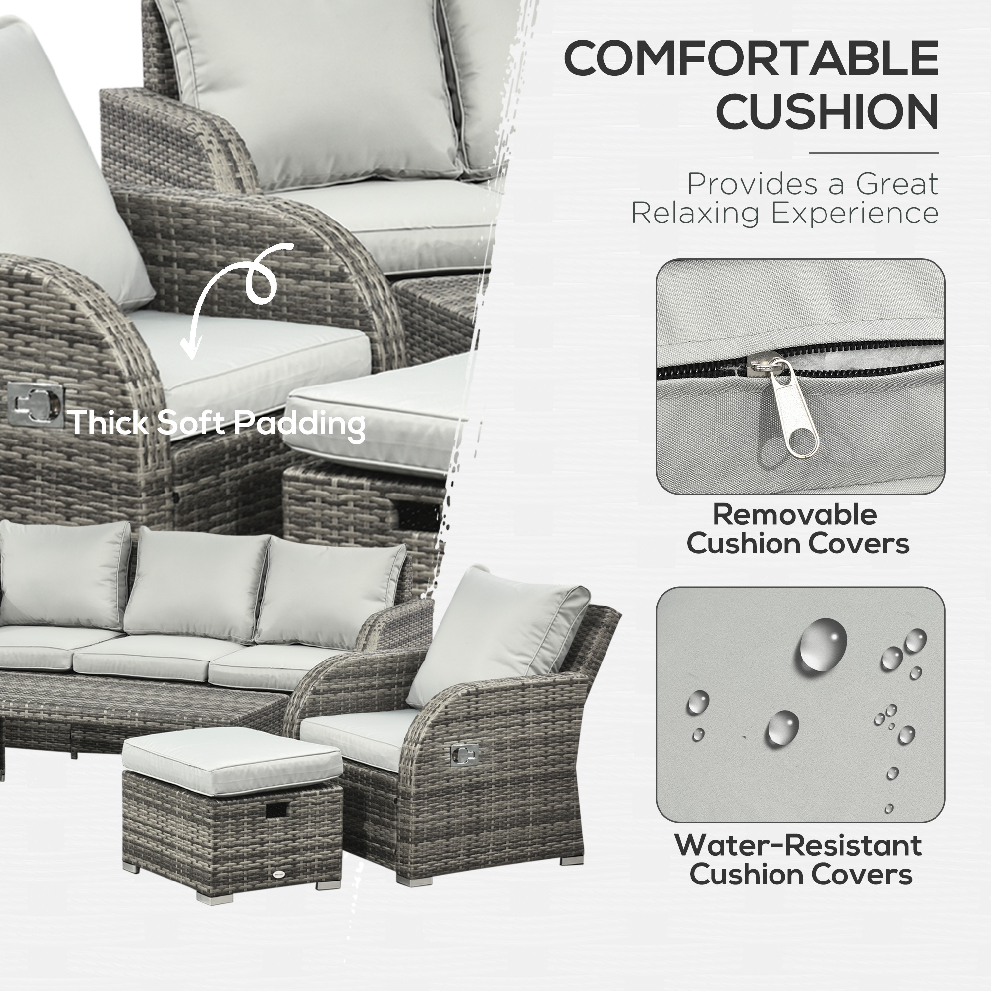 6 Pieces Patio Furniture Set, Conversation Set Wicker Sectional Set Cushioned Outdoor Rattan 3-Seat Sofa, 2 Adjustable Recliners, 2 Footstools & Table Set for Lawn Garden Backyard, Light Grey - Image 4