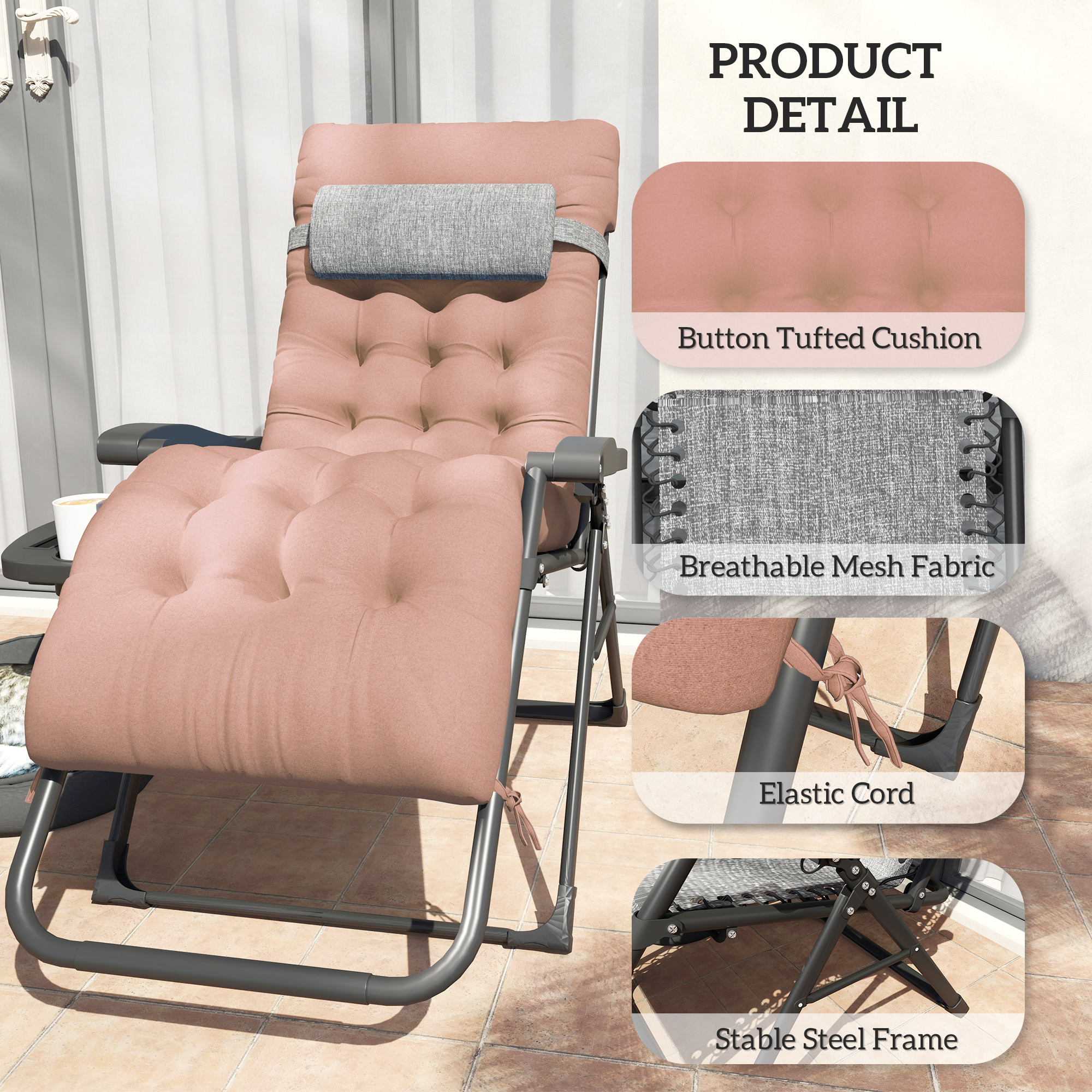 Padded Folding Recliner Chair, Patio Lounger with Cupholder, Adjustable Backrest, Removable Cushion, Khaki - Image 5