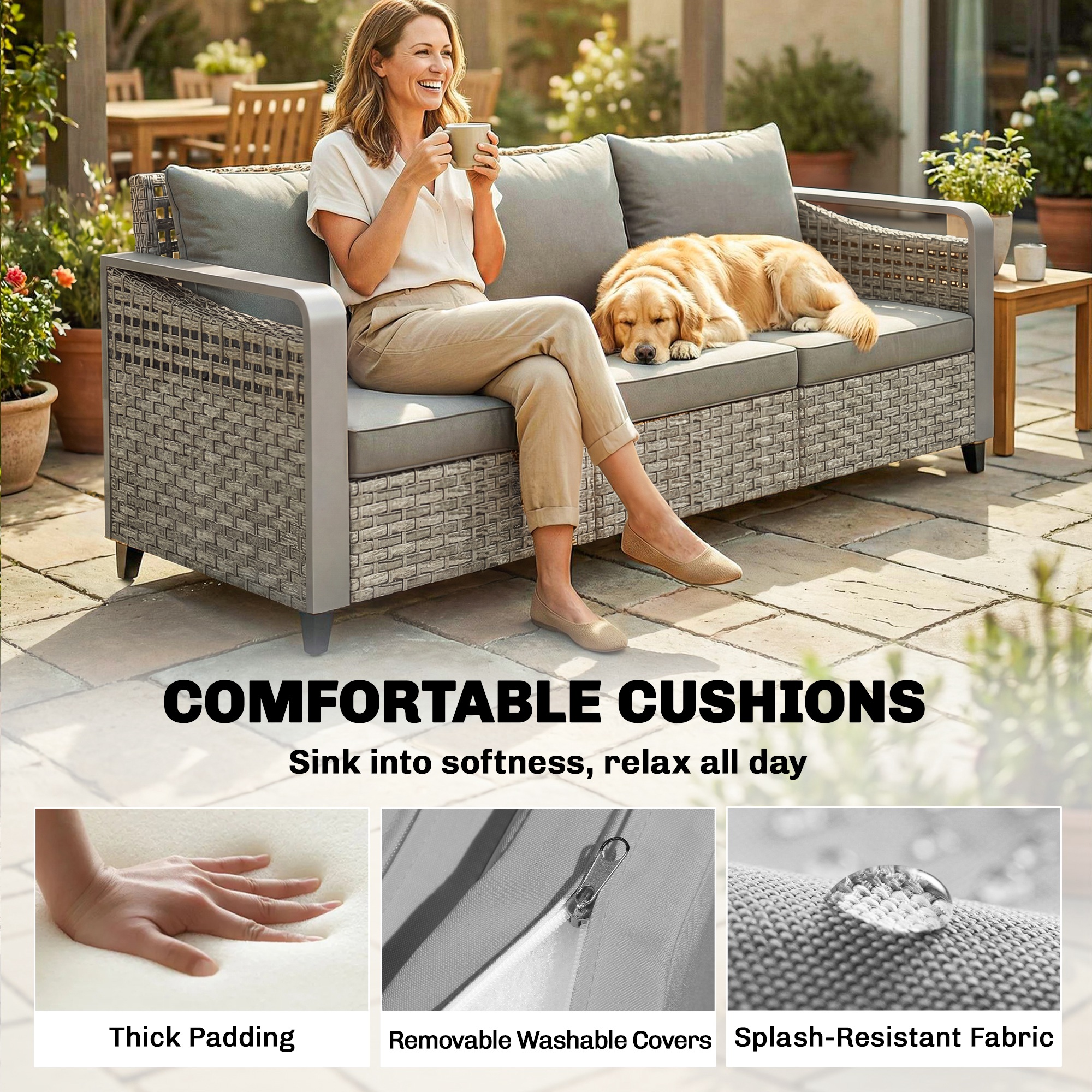Rattan Wicker Sofa 3-Seater Outdoor Couch with Cushions for Patio Garden Grey - Image 5