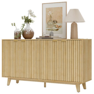 Fluted Sideboard Buffet Cabinet, 55" Coffee Bar Cabinet with 4 Doors, 2 Adjustable Shelves, 5 Wood Legs, Nature Wood