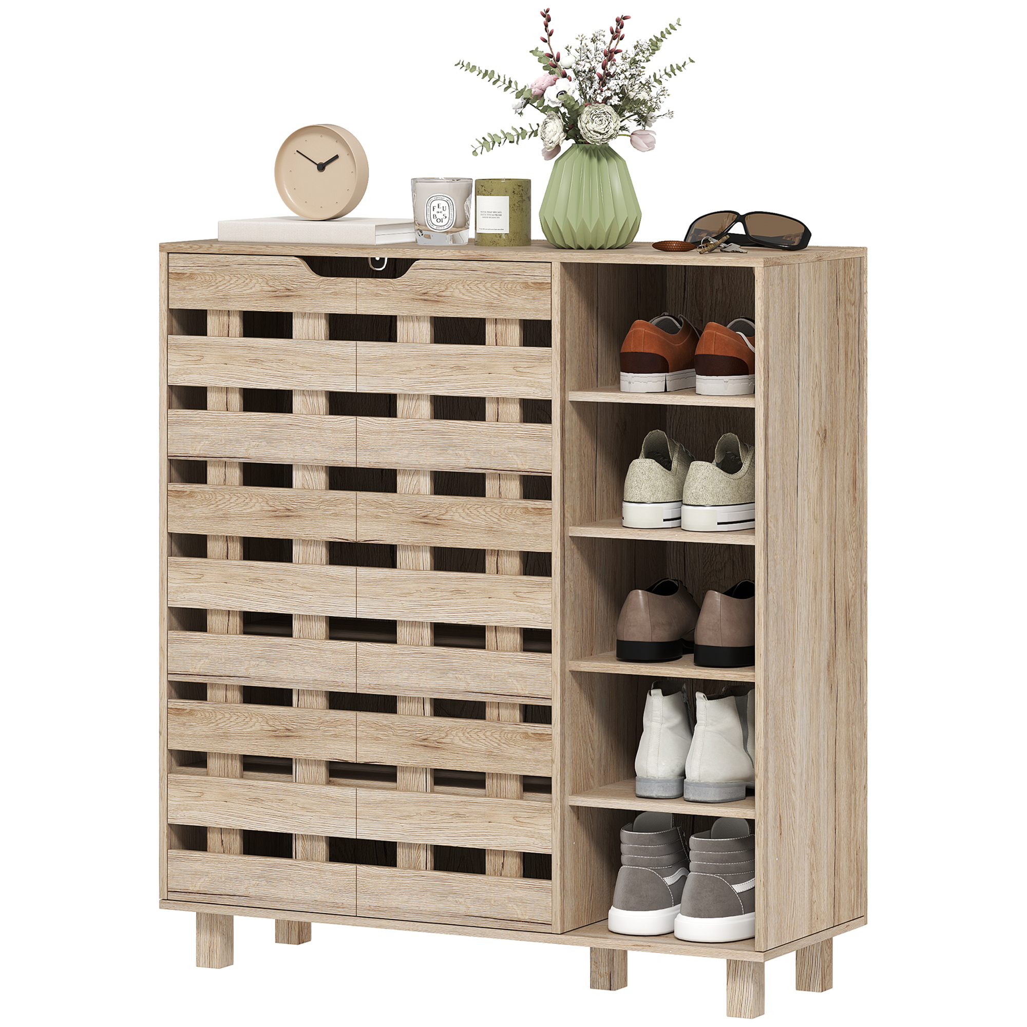 Shoe Cabinet, 21 Pair Shoe Storage Cabinet Organizer with 5-tier Double Door Cabinet and 5-tier Open Shelves, Beige