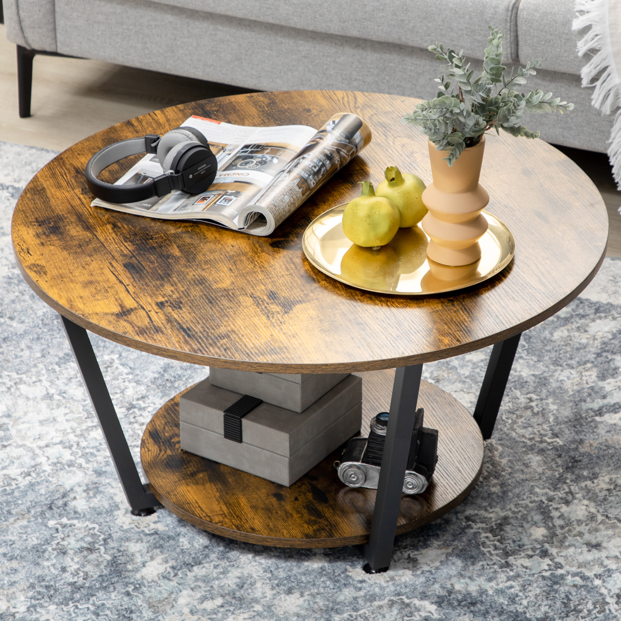 2-Tier Round Coffee Table with Storage Shelf, Industrial Center Table with Steel Frame for Living Room, Rustic Brown - Image 5
