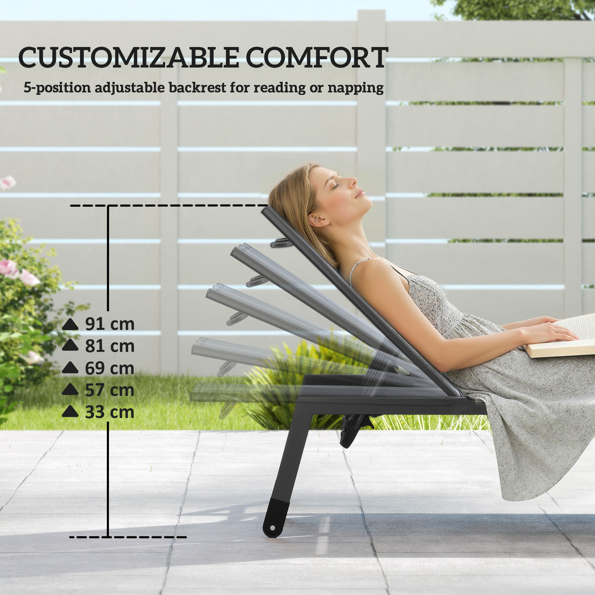 Chaise Lounge Chair for 2 Person, Outdoor Lounge Chair with 5-Position Adjustable and Wheels - Image 3