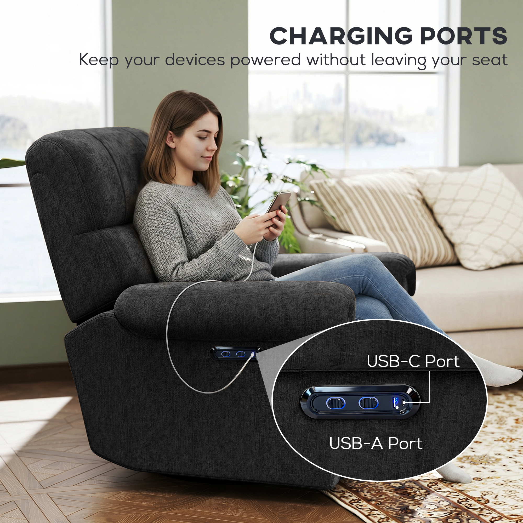 Power Recliner Chair, Fabric Upholstered Recliner Chair with USB Ports, Swivel and Rocking Function, Footrest, Black - Image 5