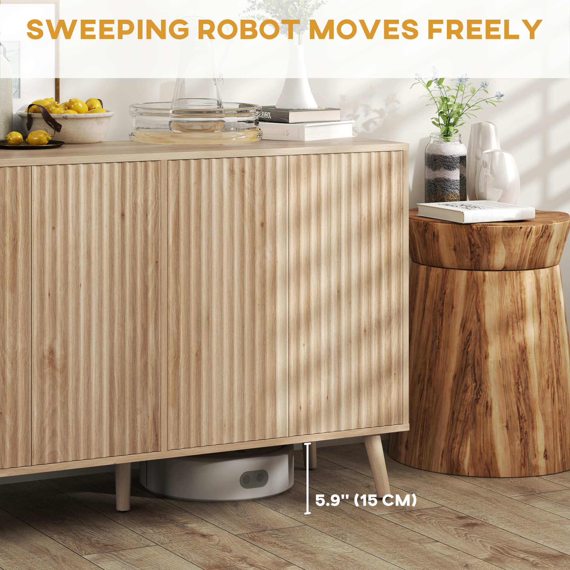 Buffet Cabinet with Storage Modern Fluted Sideboard with Adjustable Shelves Wood Legs for Dining Room Living Room Oak - Image 5