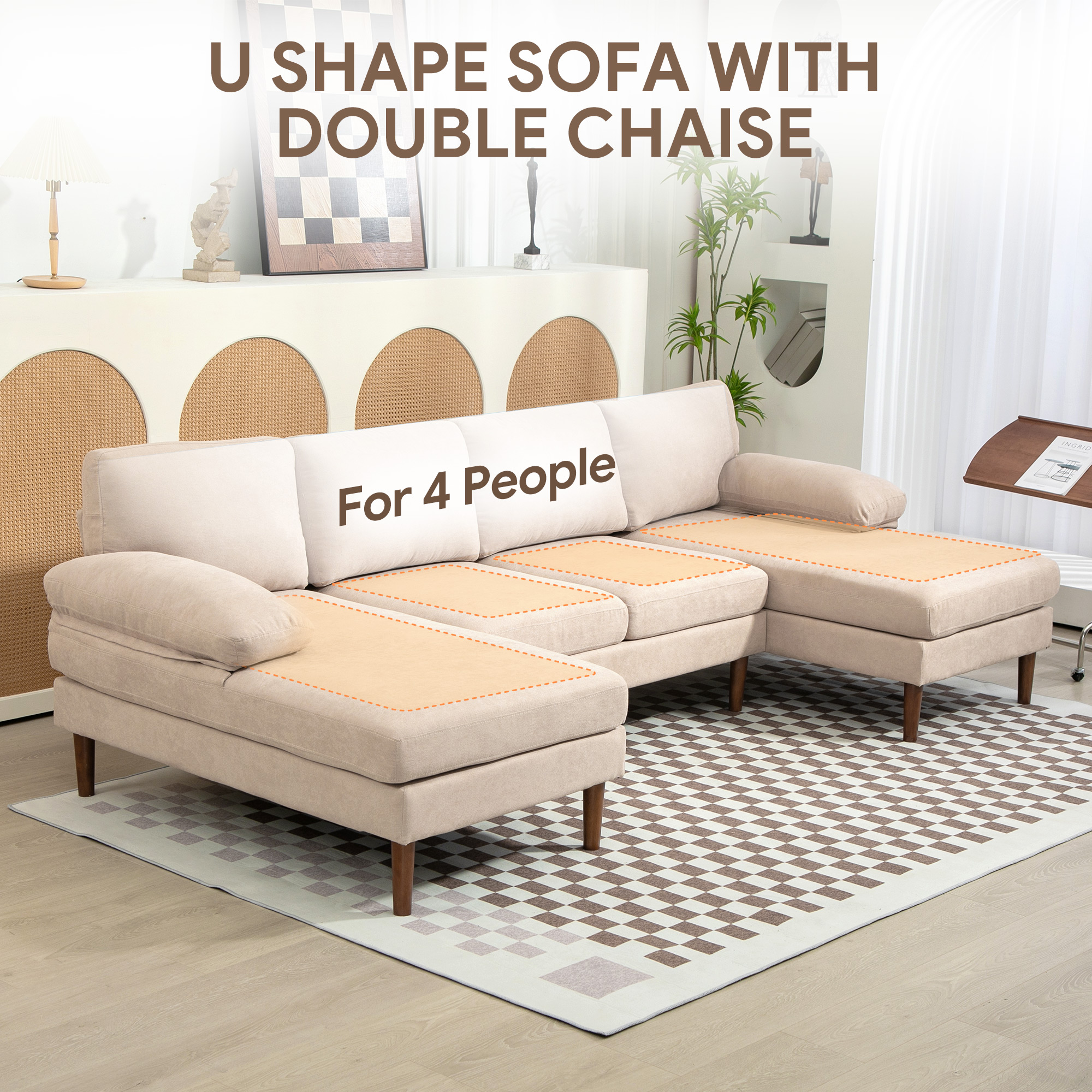 U Shape Couch with Double Chaise Lounge, Modern 4 Seater Sofa with Wooden Legs, Fabric Sofa for Living Room, Beige - Image 2