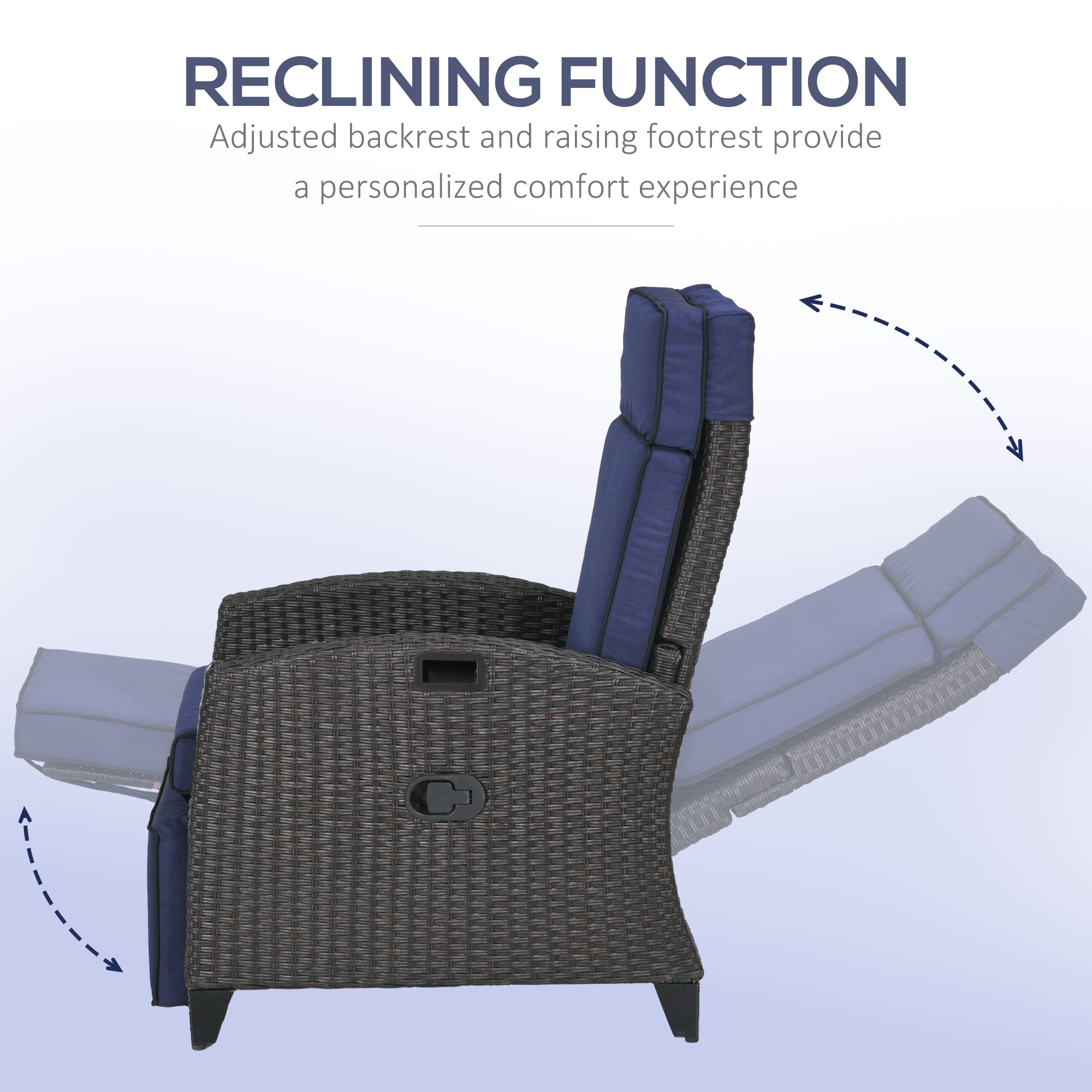 Outdoor Recliner Chair with Adjustable Backrest, Cushion, Side Tray, Blue - Image 2