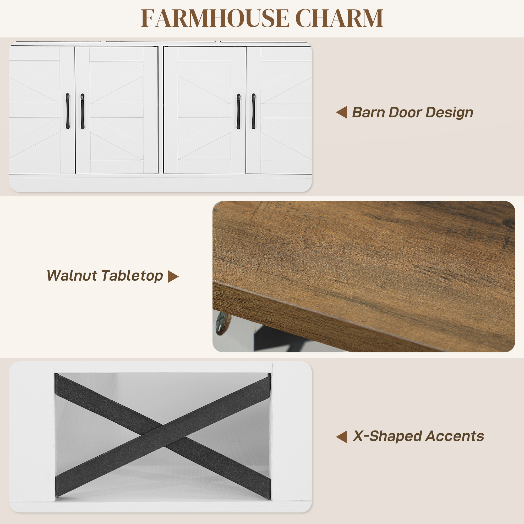 Sideboard, Buffet Cabinet with 4 Barn Doors and 3 Drawers, Coffee Bar Cabinet with Adjustable Shelves, White - Image 5