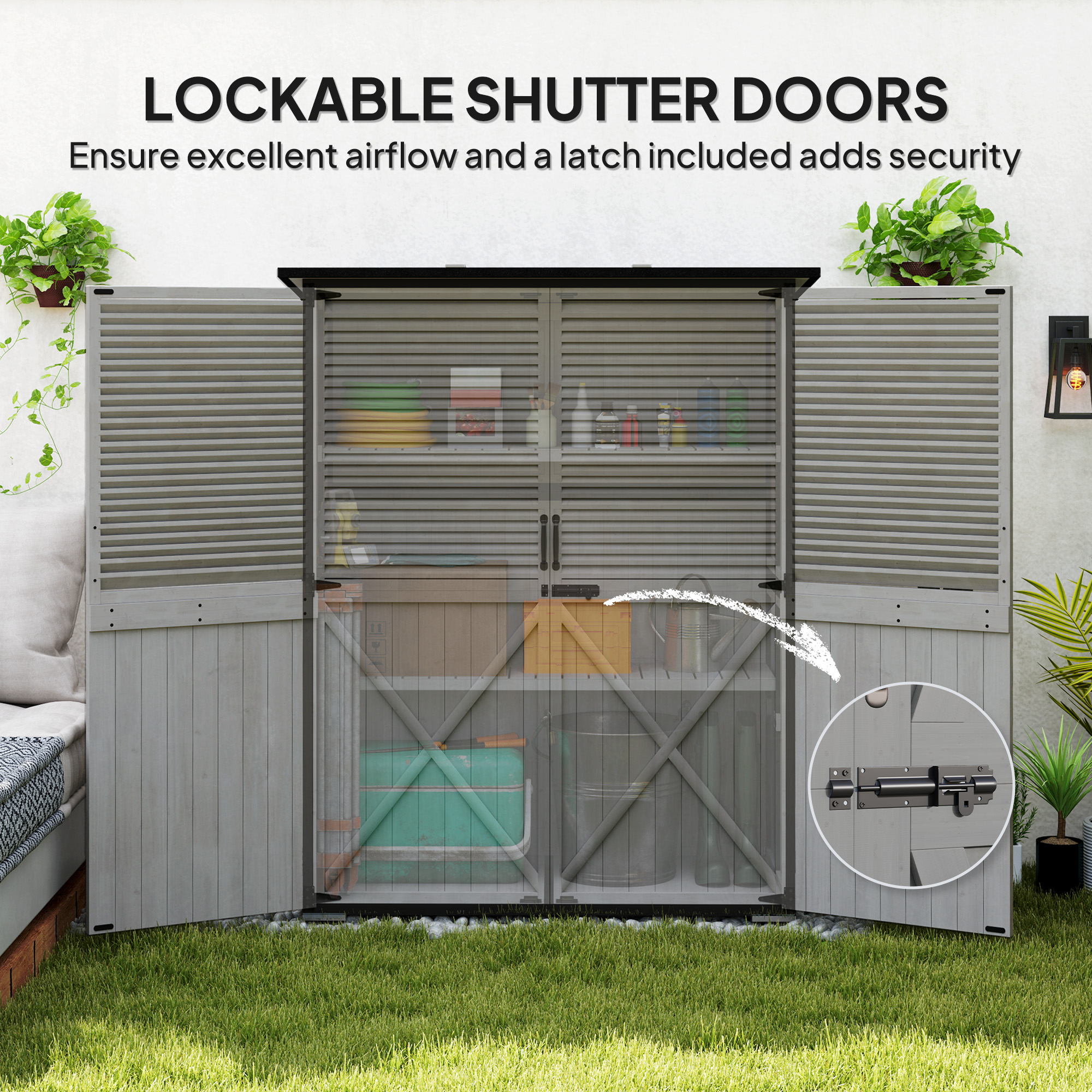 Outdoor Storage Cabinet, Wood Garden Shed with Steel Frame, Asphalt Roof, 2 Shelves and Lockable Doors, Grey - Image 5