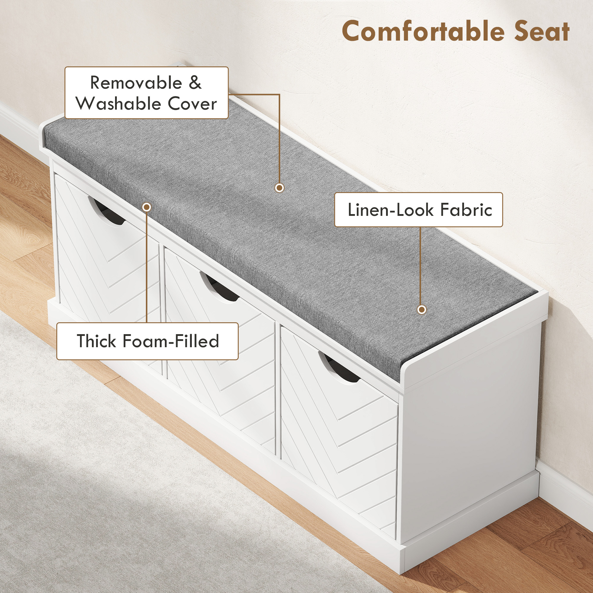 Shoe Storage Bench, Linen-Look Entryway Bench with 3 Removable Drawers and Padded Seat Cushion for Hallway, White - Image 2