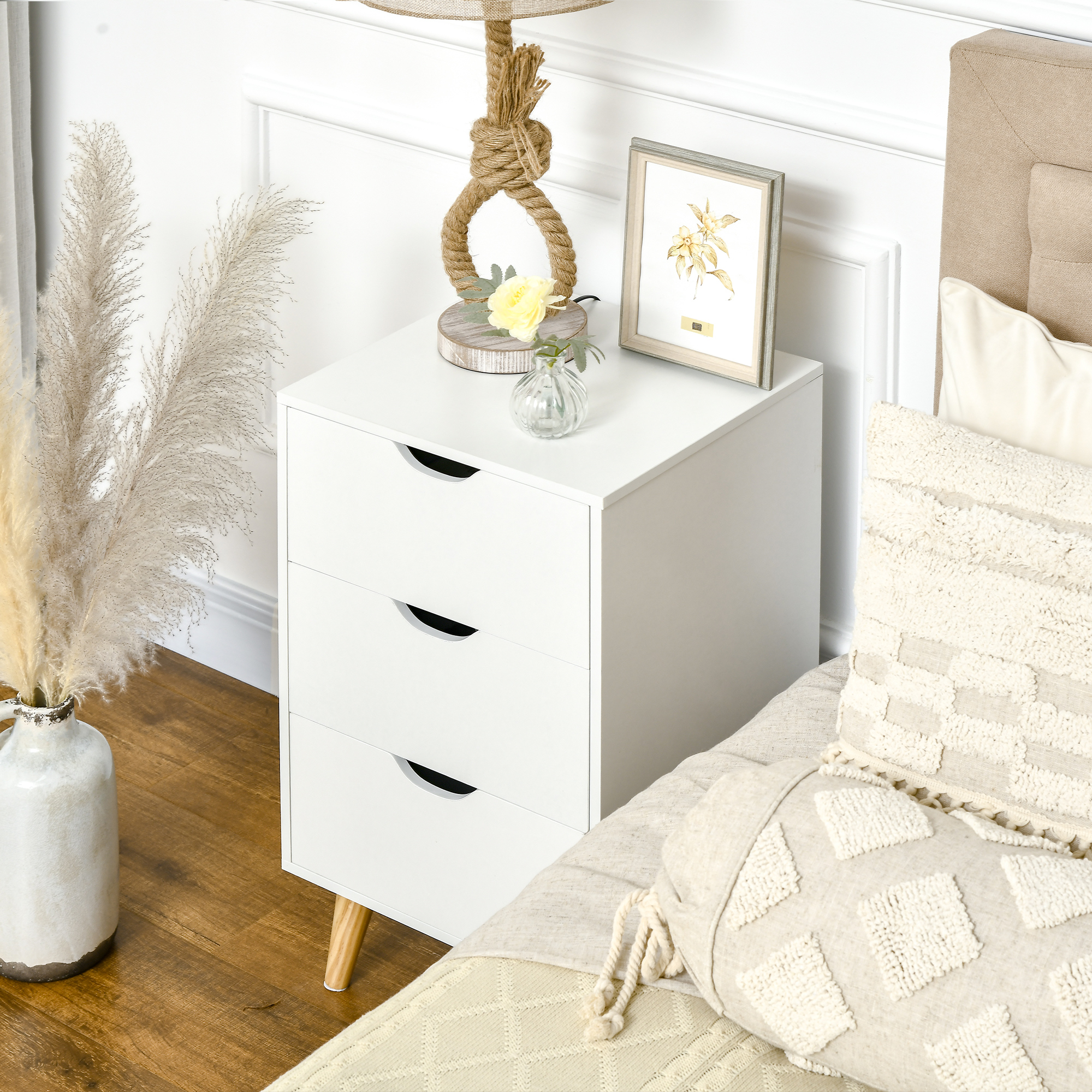 Bedside Table, Modern Nightstand with 3 Drawers, Side End Table with Wood Legs for Living Room, Bedroom, White - Image 6
