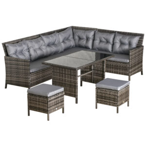 6pcs Outdoor Rattan Sofa Set Garden Wicker Sectional Couch Furniture Set with Dining Table and Chair Dark Grey