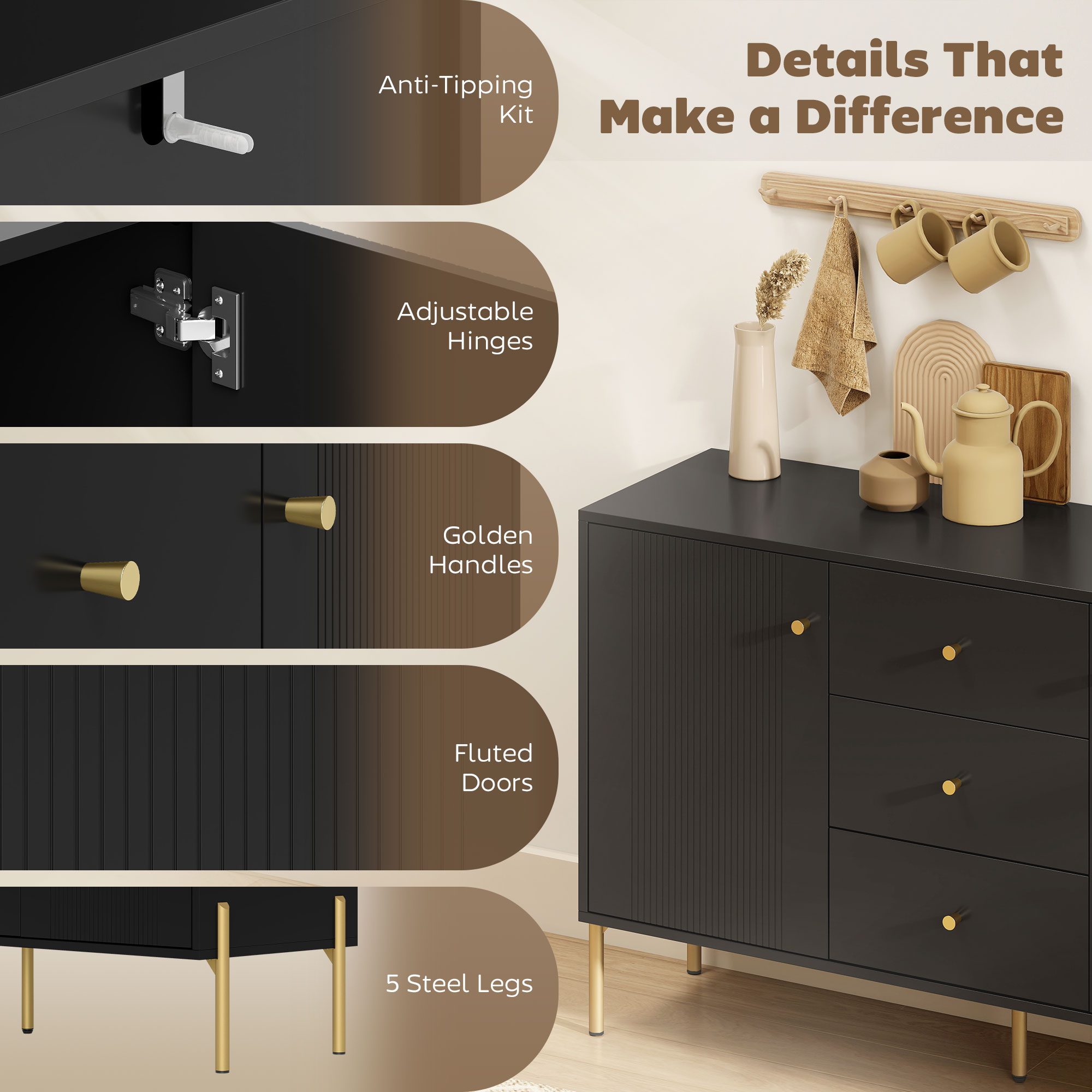 Buffet Cabinet, Modern Sideboard with 3 Soft-Close Drawers and 2 Adjustable Shelves for Living Room, Kitchen, Black - Image 4