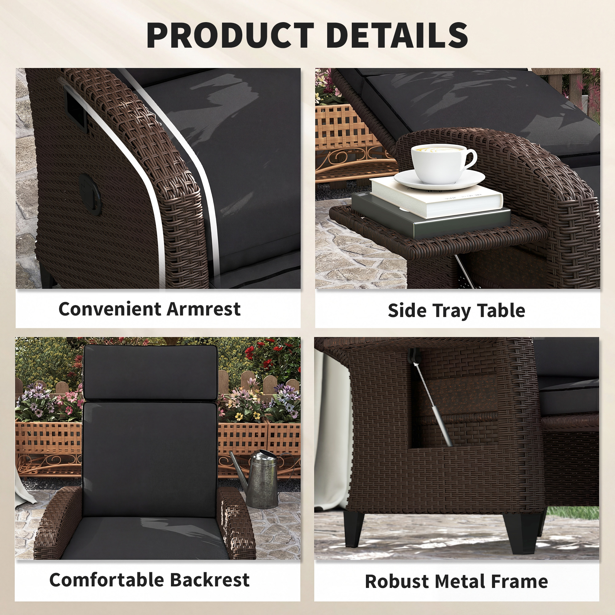 Outdoor Recliner Chair with Adjustable Backrest, Cushion, Side Tray, Black - Image 4