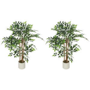 4FT Artificial Banyan Tree Set of 2, Fake Potted Tree with Solid Wood Trunk and Pot for Indoor