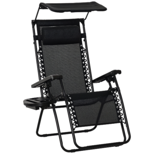 Outdoor Zero Gravity Reclining Lounger Chair with Canopy Shade, Side Tray, Cupholder, Black