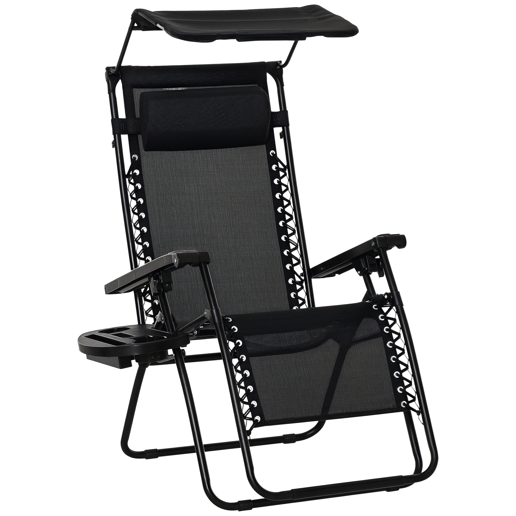 Outdoor Zero Gravity Reclining Lounger Chair with Canopy Shade, Side Tray, Cupholder, Black