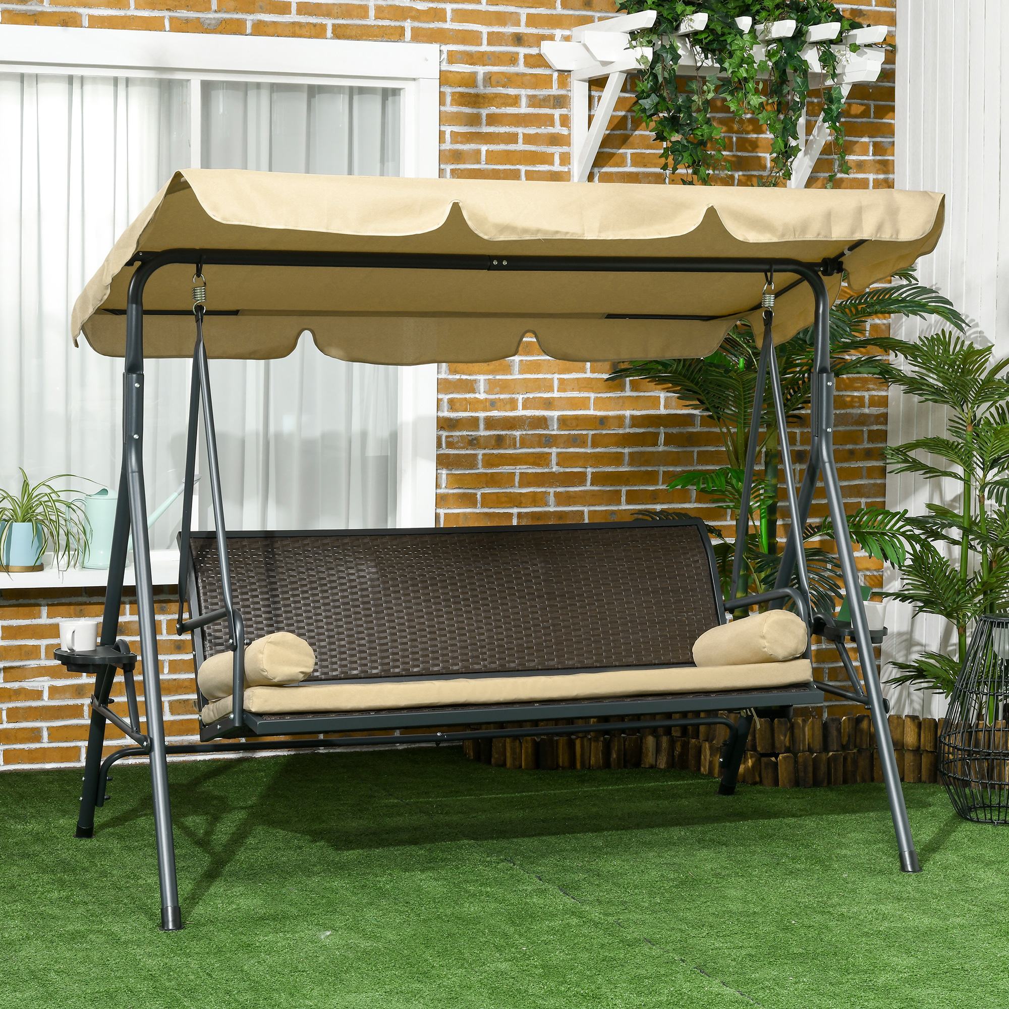 Outdoor 3-Seat Porch Swing with Canopy, Rattan Seat, Removable Cushion, Pillows and Steel Frame - Image 6