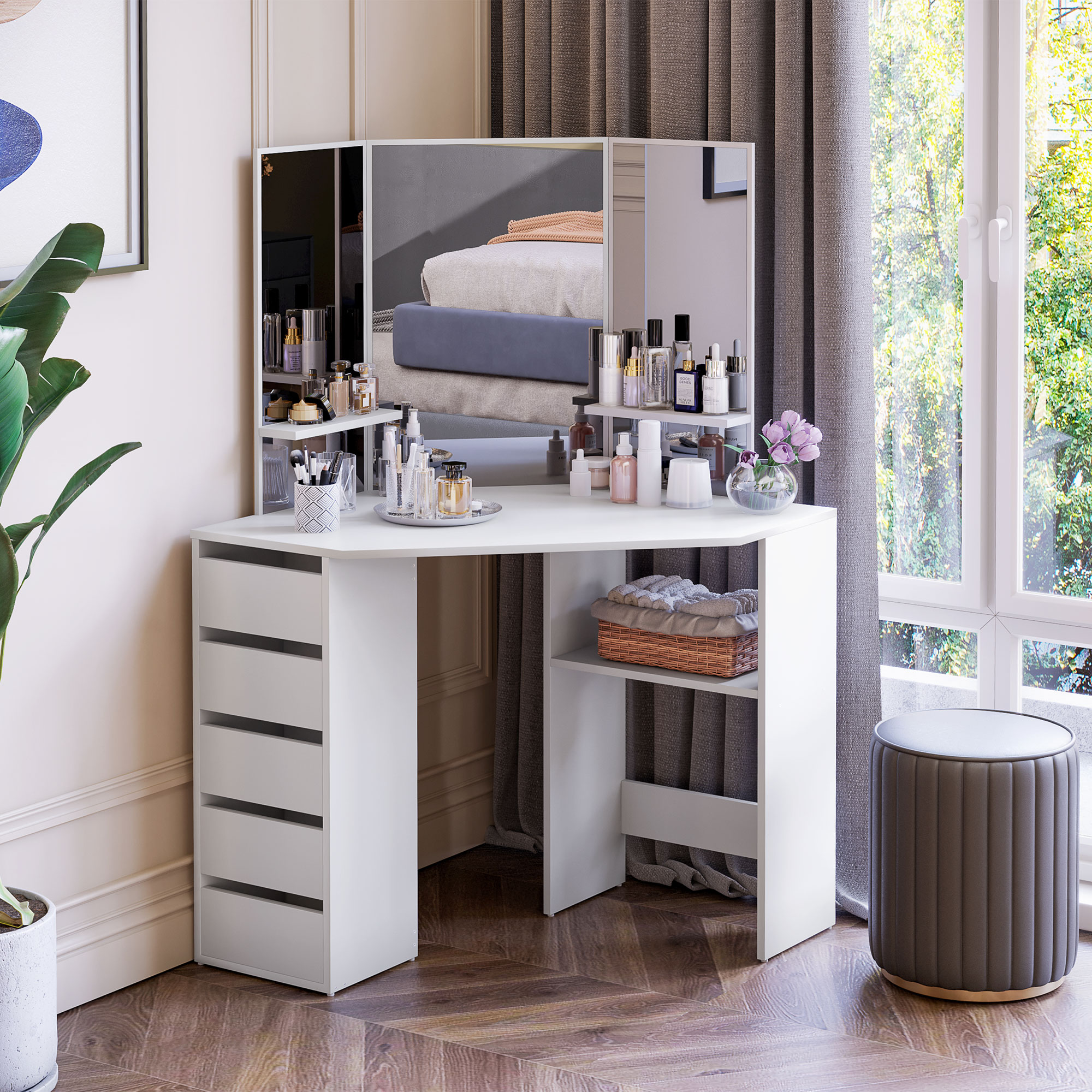 Corner Dressing Table, Makeup Desk with 3-piece Mirror and 5 Drawers, White - Image 6