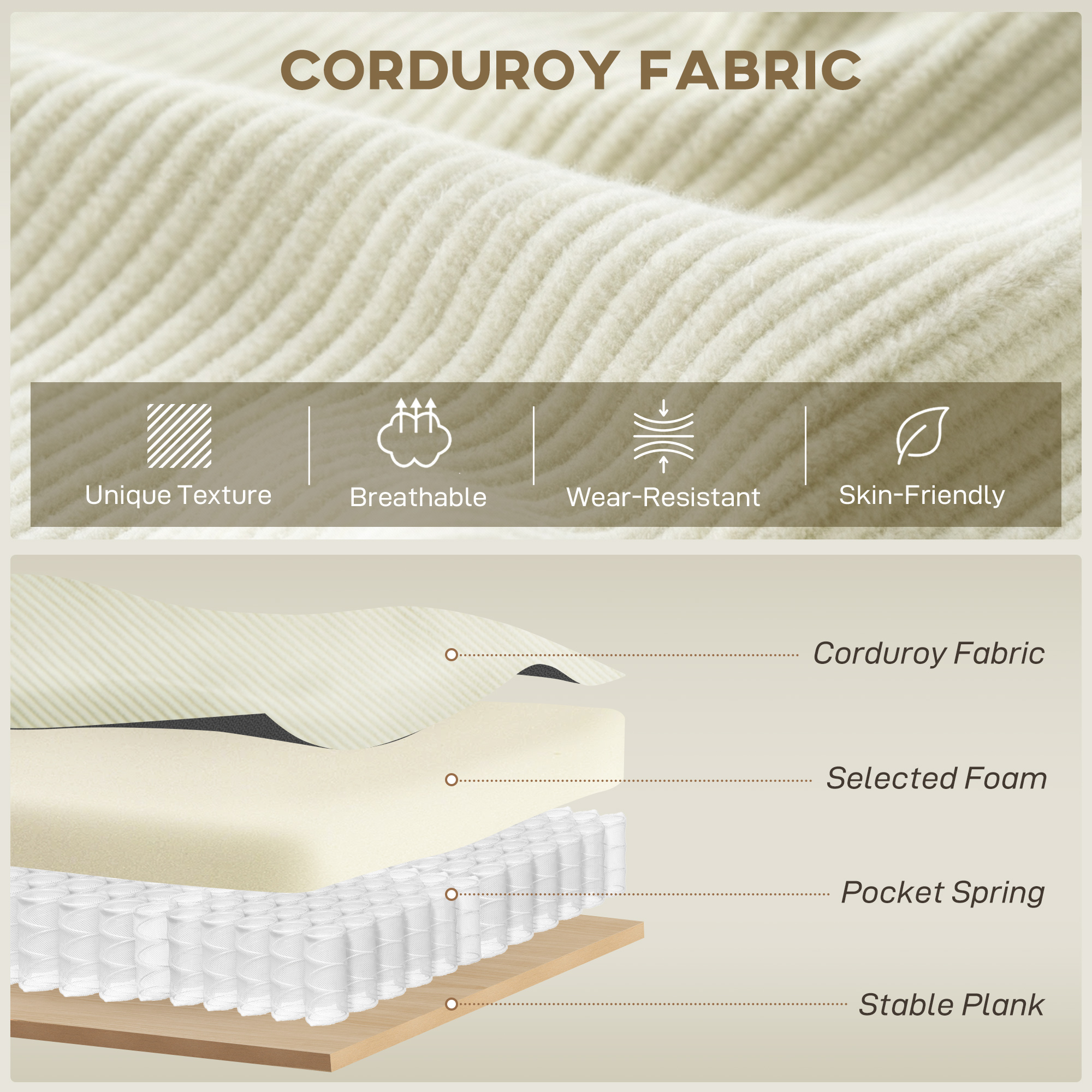 Corner Sofa with Changeable Chaise, Corduroy L-Shaped Sectional Sofa with Pocket Spring, 2 Pillows, Cream White - Image 3