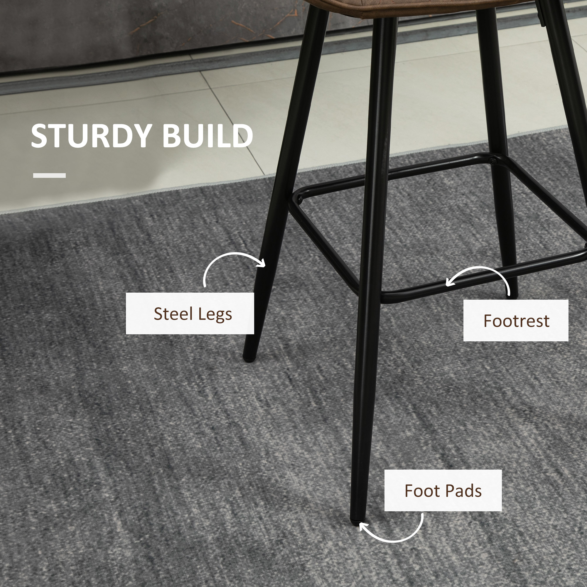 PU Leather Counter Height Bar Chairs Set of 2, 27.75" Bar Stools with Metal Legs for Dining Area, Kitchen Island, Brown - Image 4