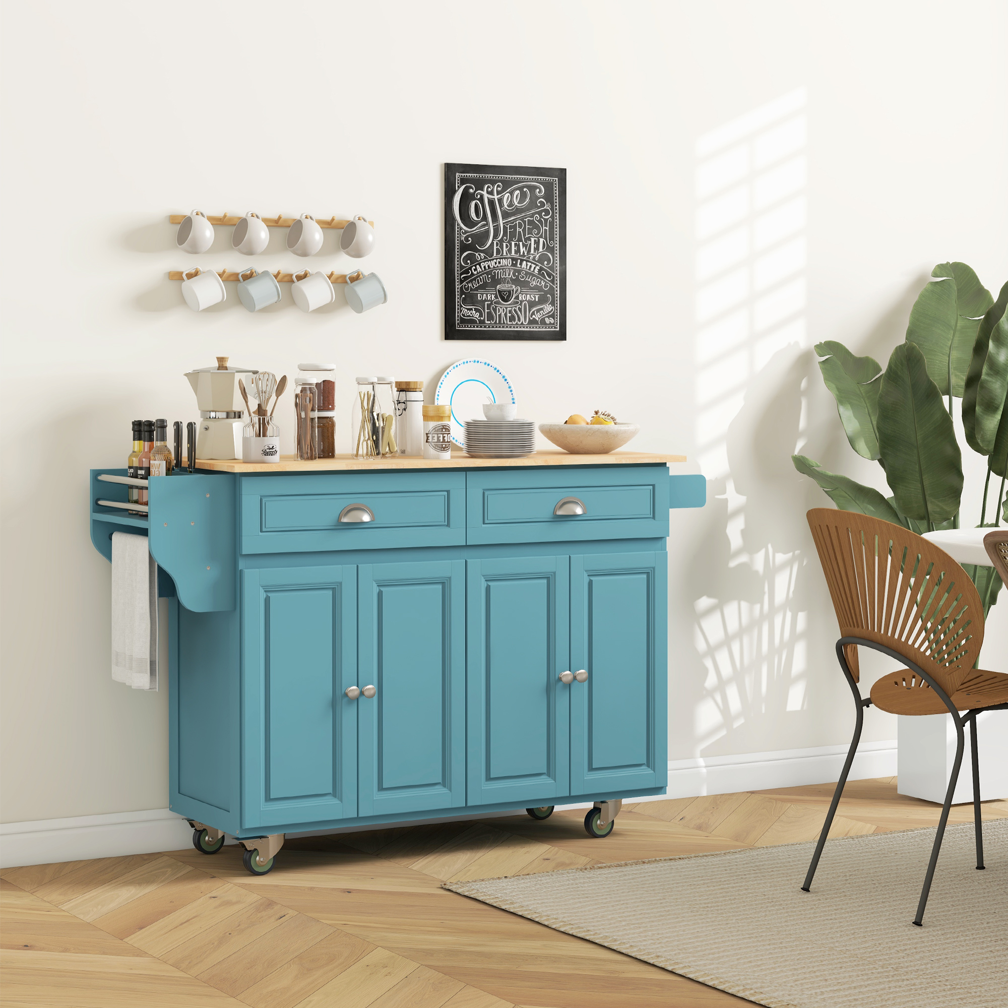 Kitchen Island with Storage, Rolling Kitchen Island with Drop Leaf, Rubber Wood Top and Adjustable Shelves, Light Blue - Image 6