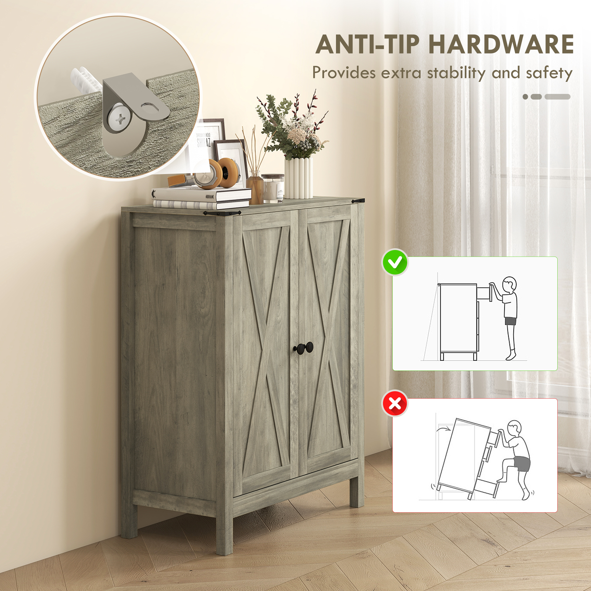 Shoe Cabinet with Barn Doors, Farmhouse Shoe Storage Cabinet with Adjustable Shelves, Holds up to 15 Pairs, Grey - Image 5
