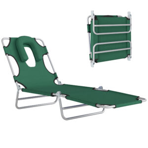 Folding Lounge Chair Outdoor, Tanning Chair with Face Hole Arm Slots, Beach Chaise Lounger with Pillow, 5-Position Adjustable Portable Sun Lounger Bed for Pool, Green