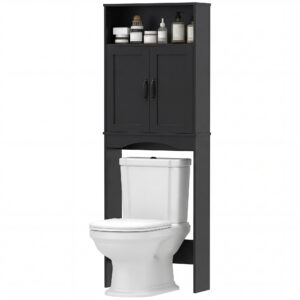 Over the Toilet Storage Cabinet Freestanding Bathroom Organizer with 2 Doors and Open Shelf Black