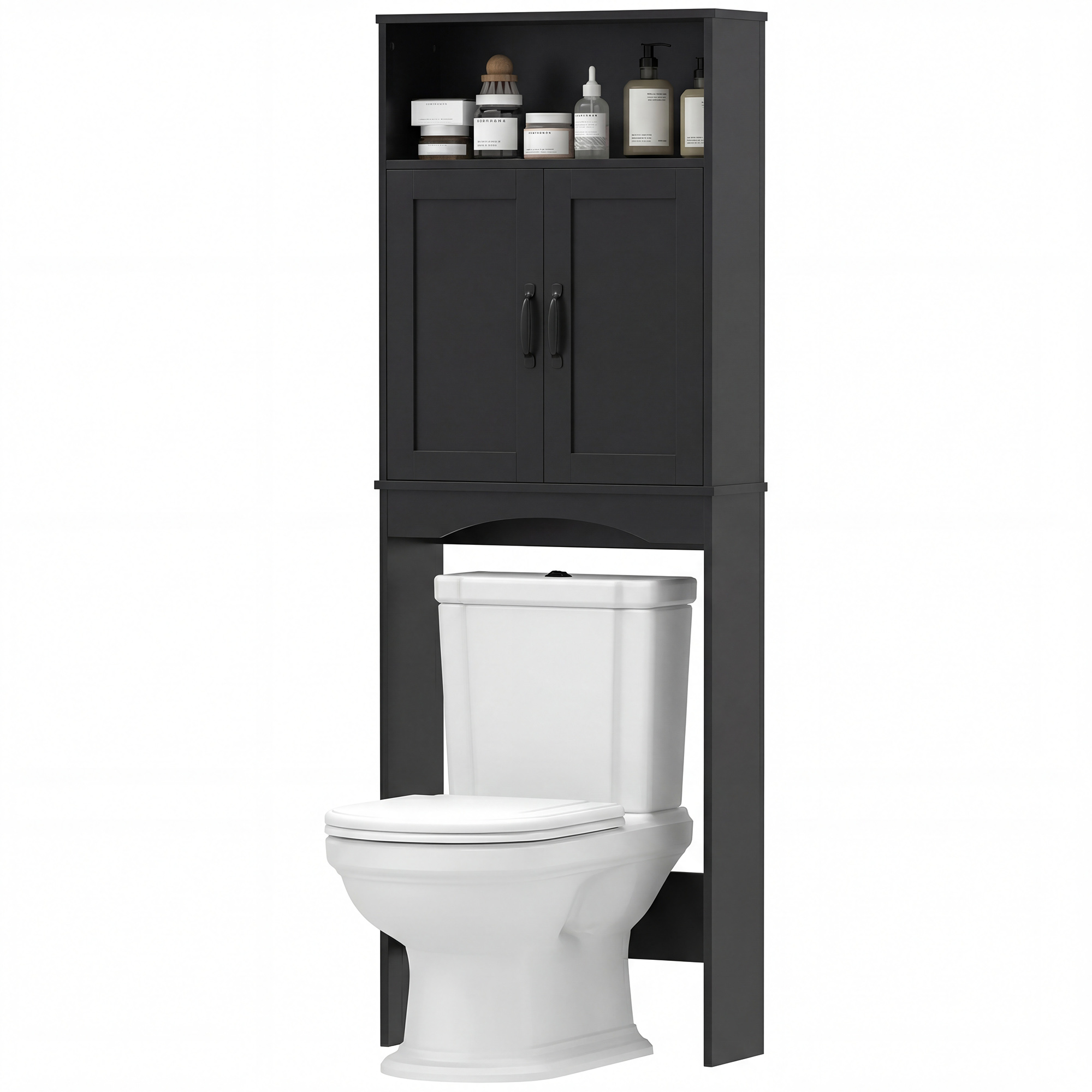 Over the Toilet Storage Cabinet Freestanding Bathroom Organizer with 2 Doors and Open Shelf Black