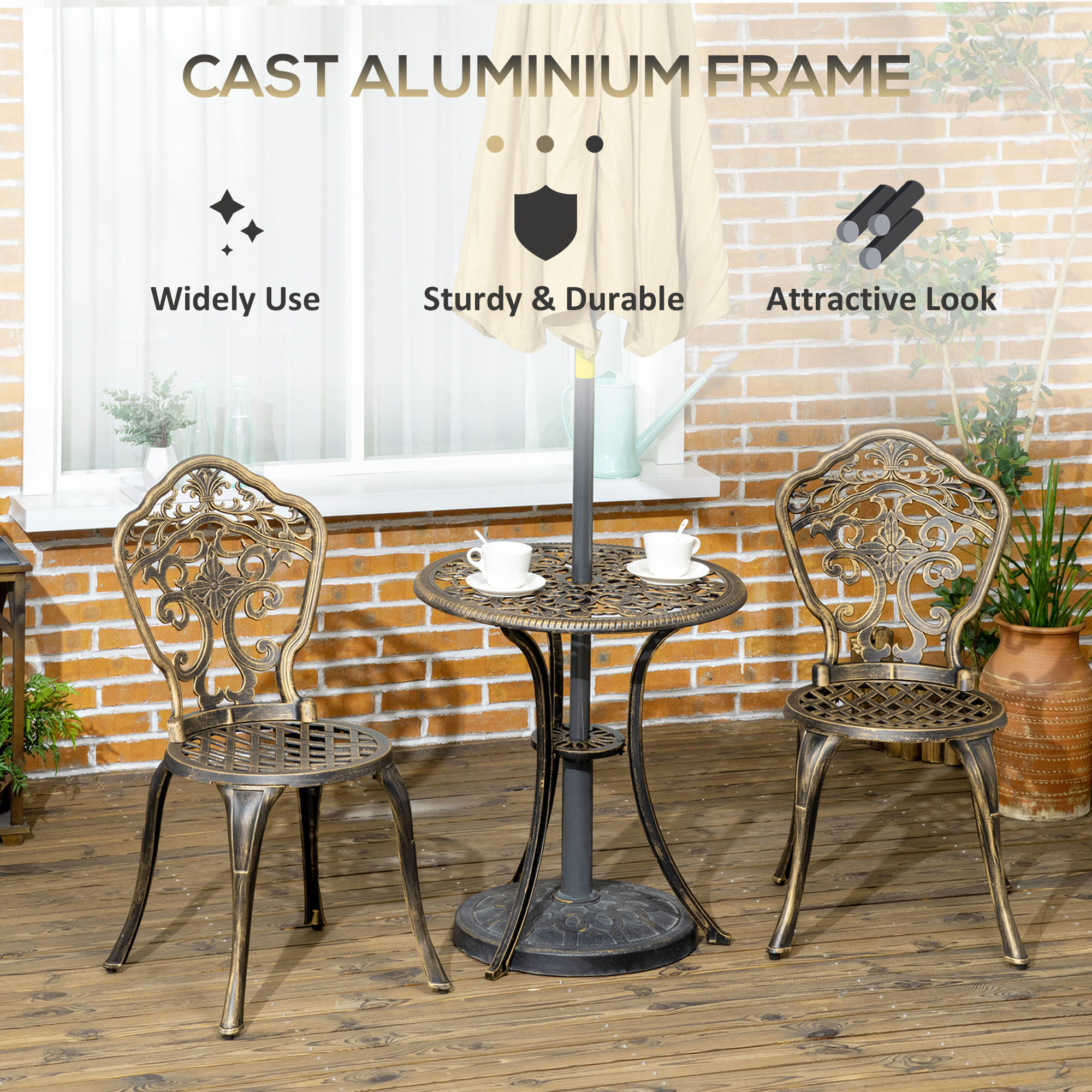 Outdoor 3 Piece Garden Bistro Set, 2 Chairs and A Round Coffee Table with Parasol Hole for Balcony, Patio, Bronze - Image 3