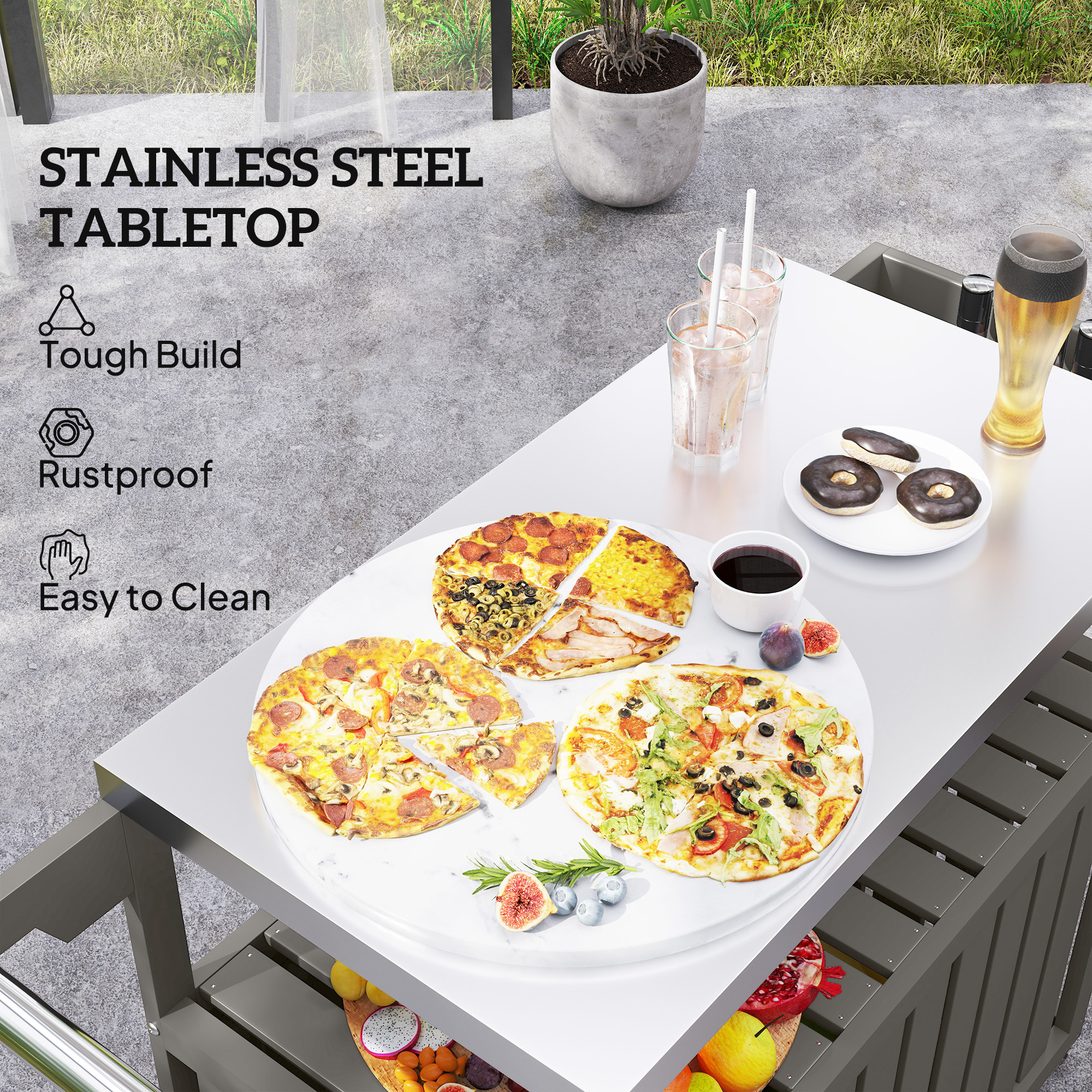 Outdoor Bar Cart with Storage Cabinet, Stainless Steel Outdoor Bar Table Top, Wheeled HDPE Kitchen Island for Food Prep - Image 2
